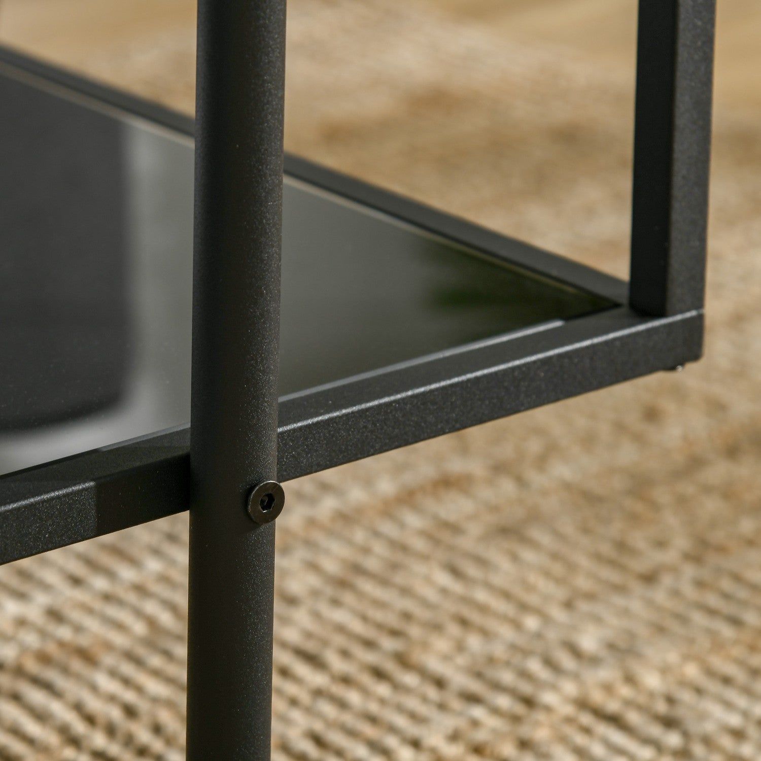 Salontafel in zwart staal, gehard glas, 2 legplanken