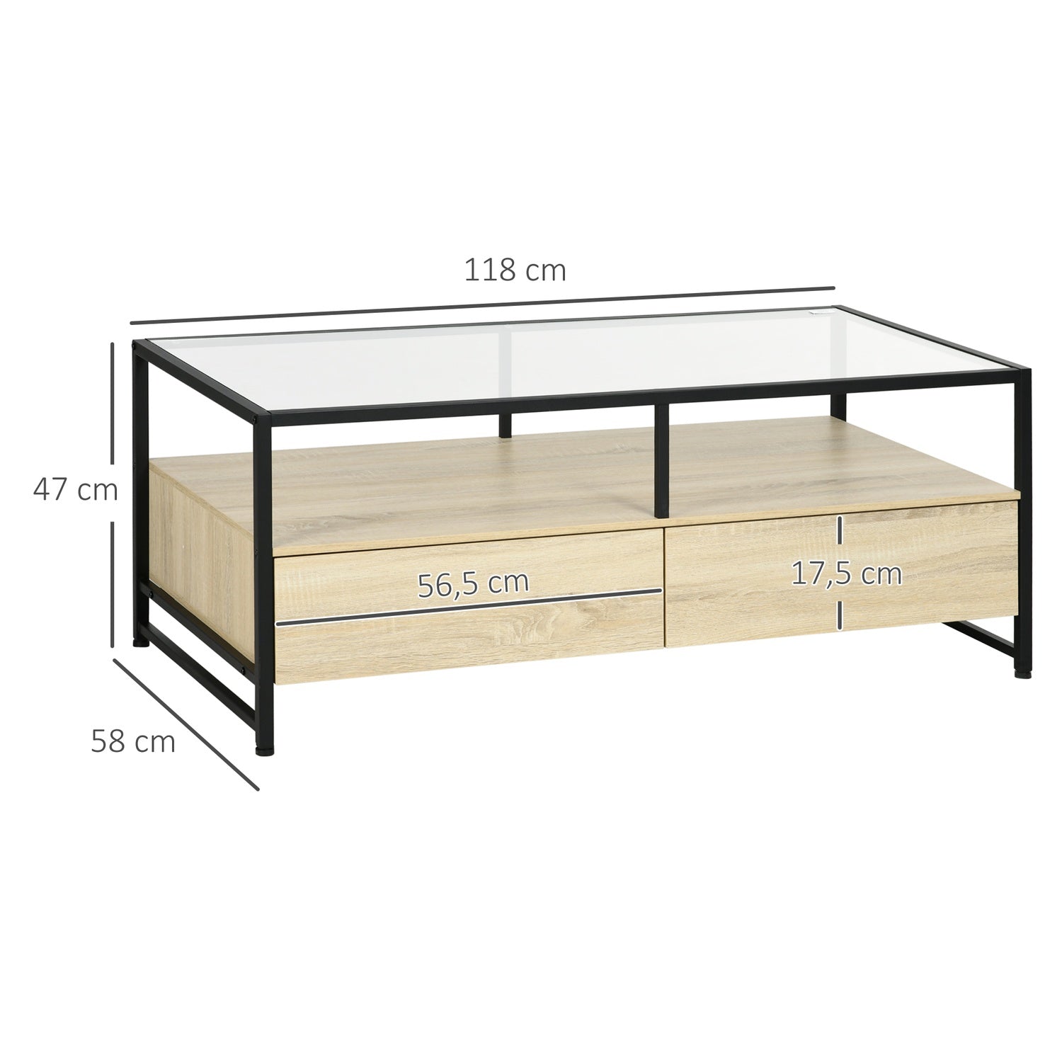 Salontafel met lade & glazen blad – Eik & Staal