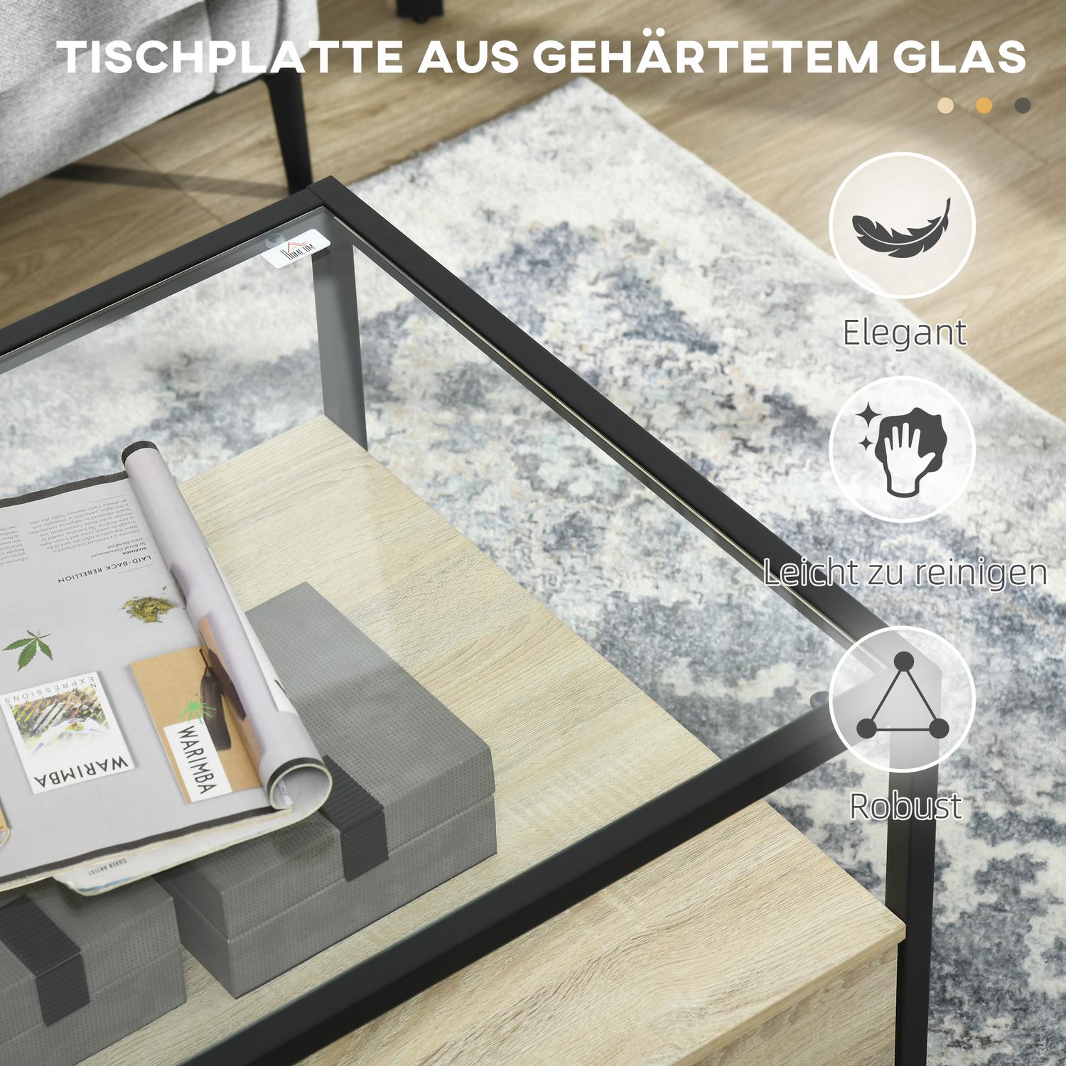 Salontafel met lade & glazen blad – Eik & Staal