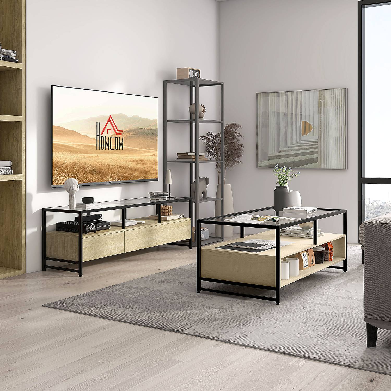 Salontafel met lade & glazen blad – Eik & Staal