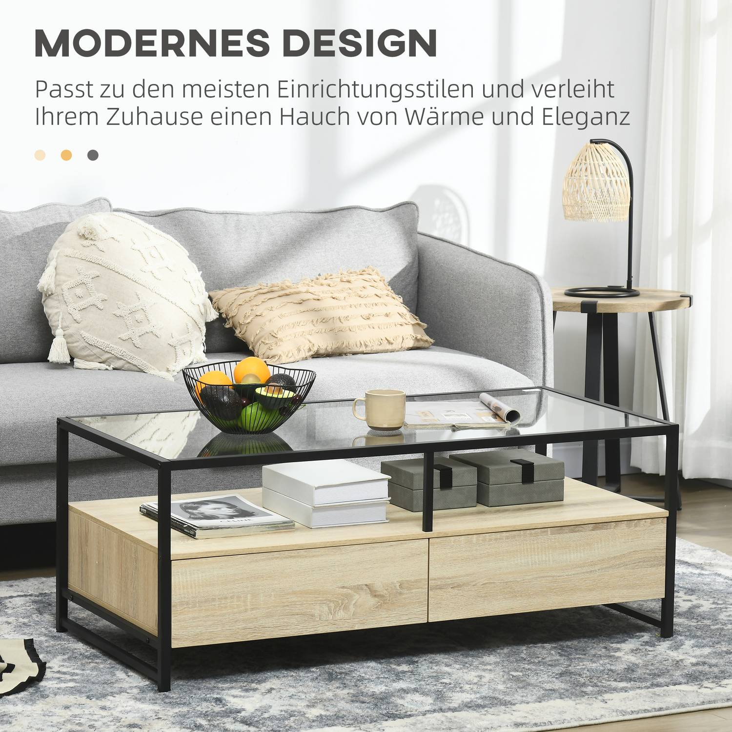 Salontafel met lade & glazen blad – Eik & Staal