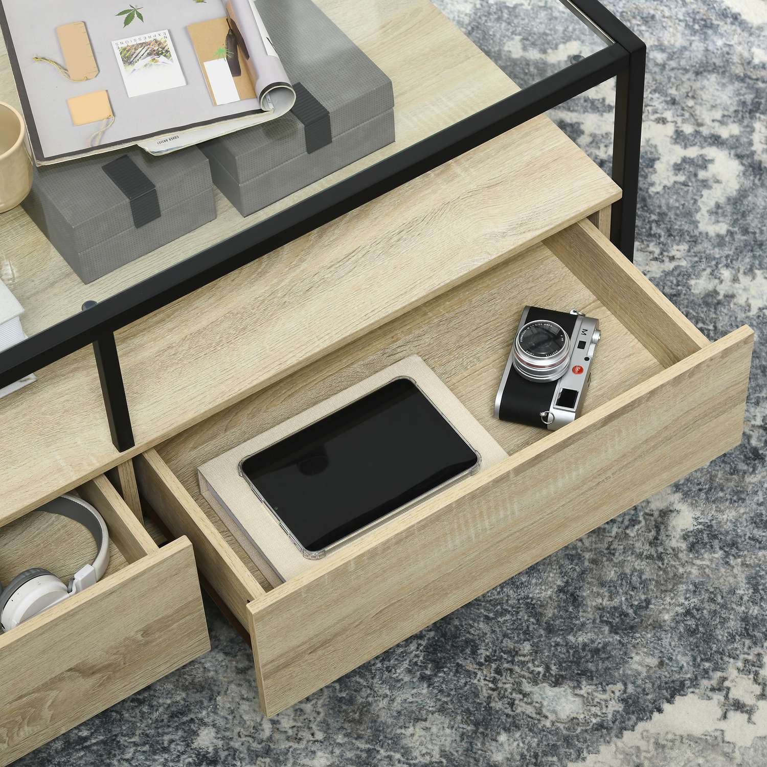Salontafel met lade & glazen blad – Eik & Staal