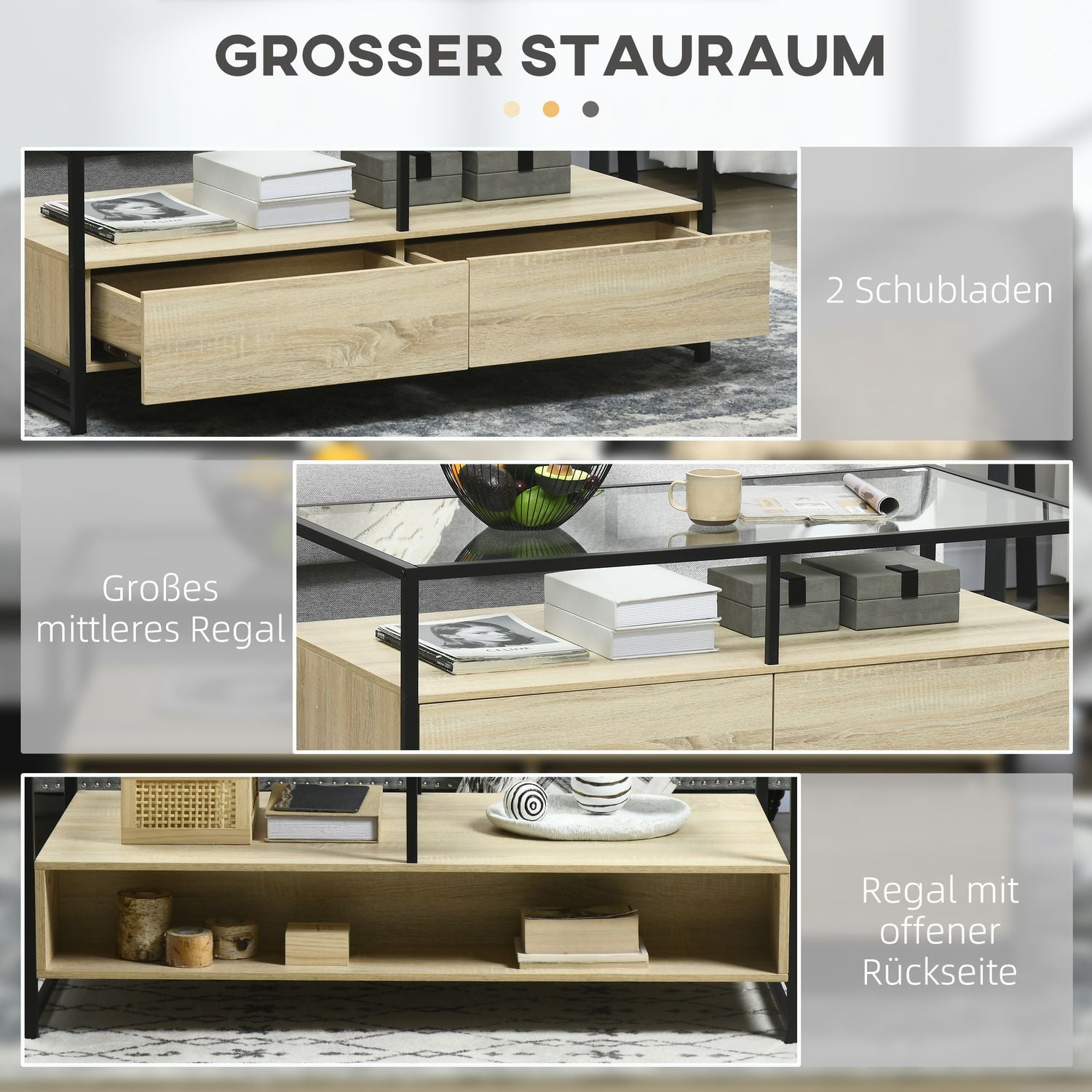 Salontafel met lade & glazen blad – Eik & Staal