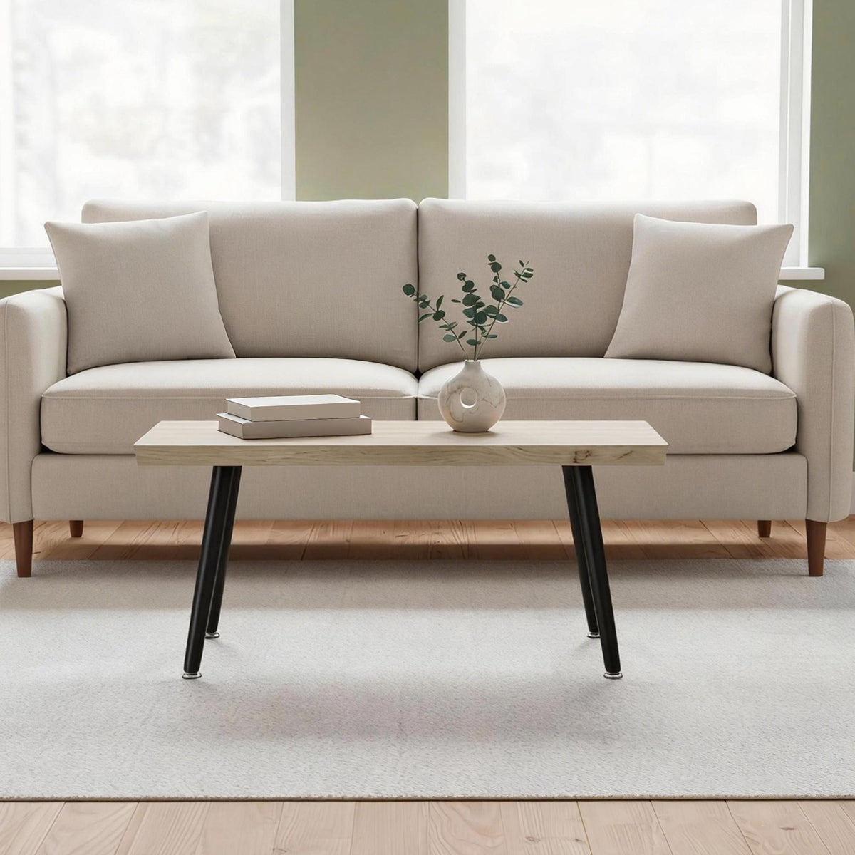 Salontafel met stalen poten, eiken afwerking, 100x50x45 cm