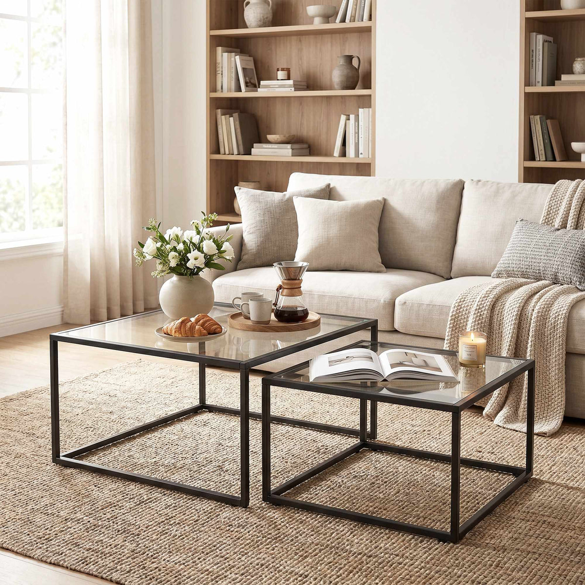 Set van 2 salontafels, inklapbaar, gehard glas, zwart