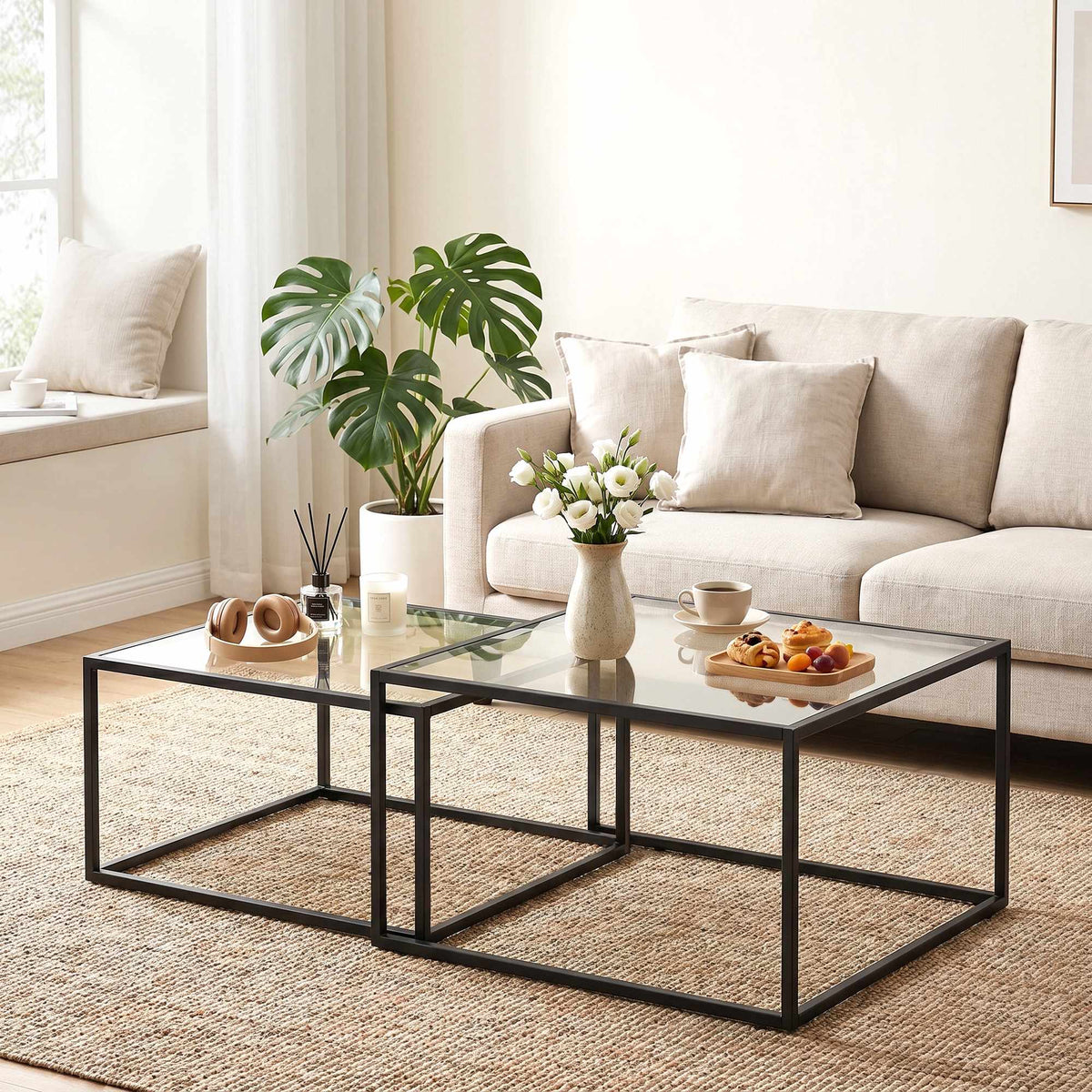 Set van 2 salontafels, inklapbaar, gehard glas, zwart
