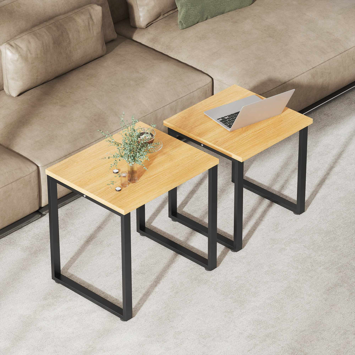 Set van 2 salontafels, houtlook, metalen frame, stapelbaar ontwerp