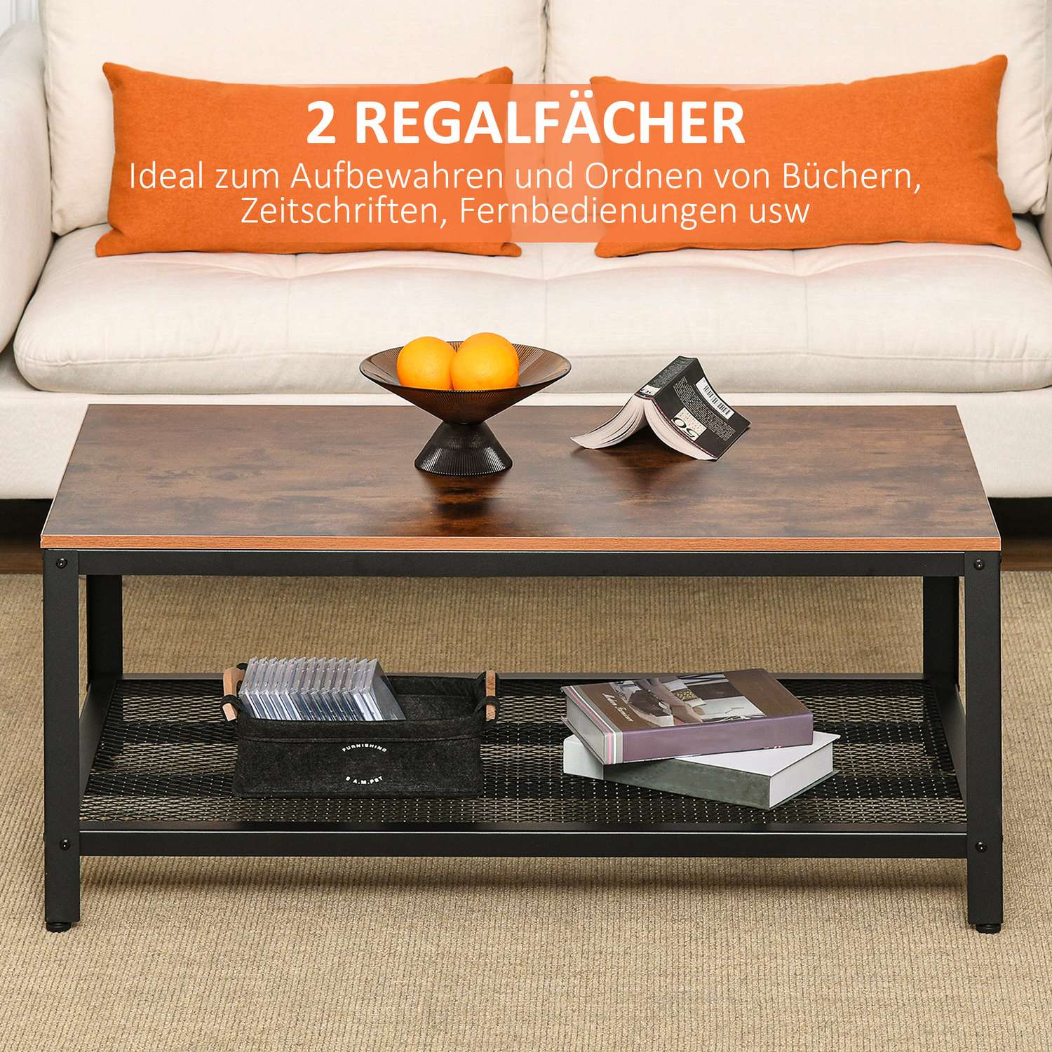 Salontafel zwart walnoot metalen frame met opbergruimte – 106x60x45cm