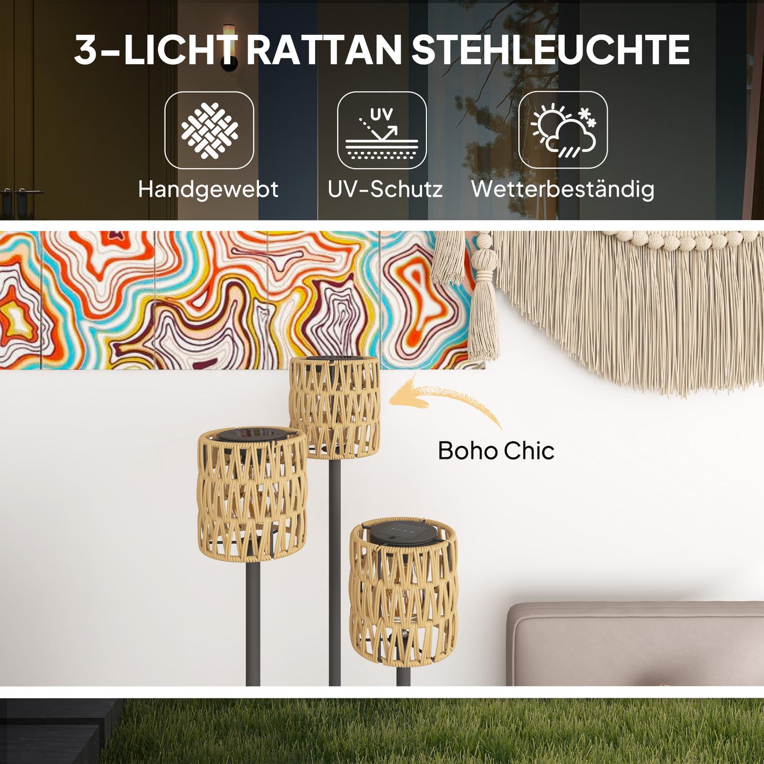 Solar vloerlamp, rotan, Boheemse stijl, buiten, IP44 waterdicht