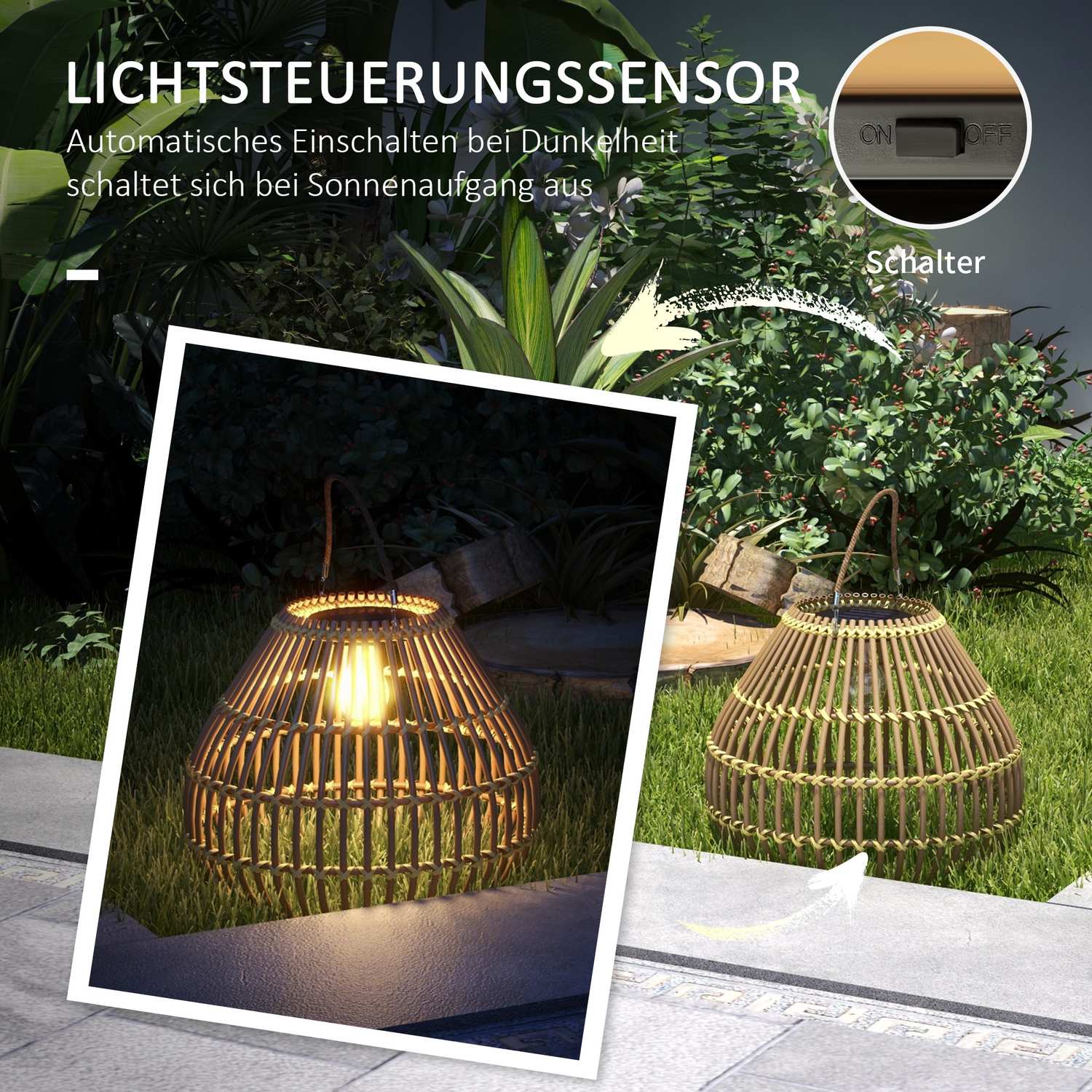 Solarlamp, ontwerp van rotandrum, waterdicht, lichtsensor