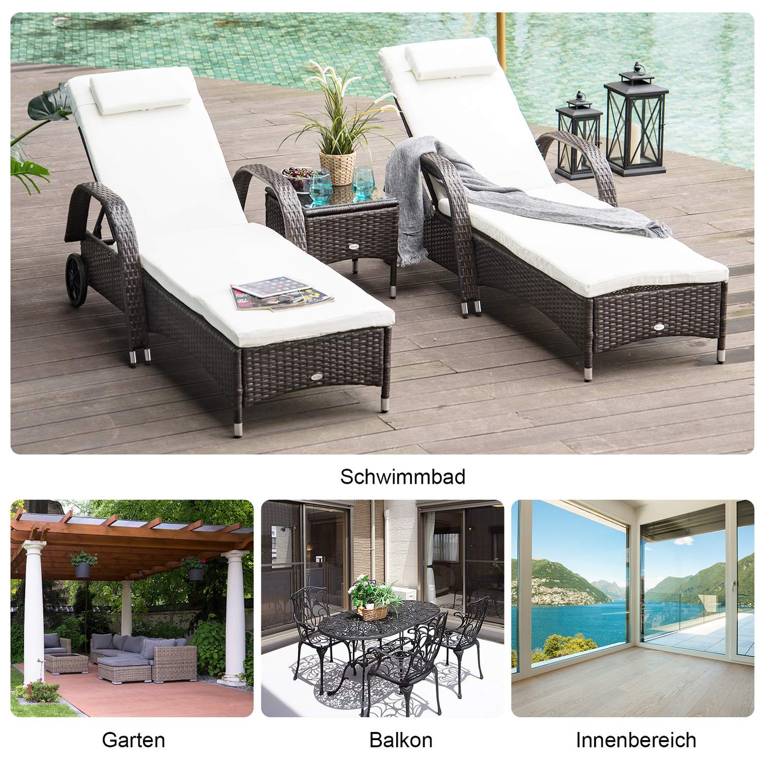 Ligbed & tafelset in polyrattan, bruin/crèmewit