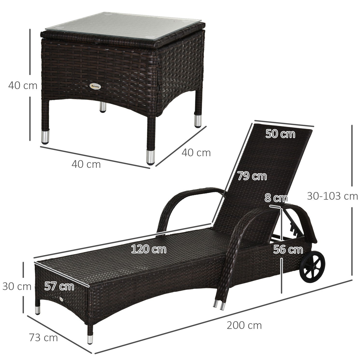 Ligbed & tafelset in polyrattan, bruin/crèmewit