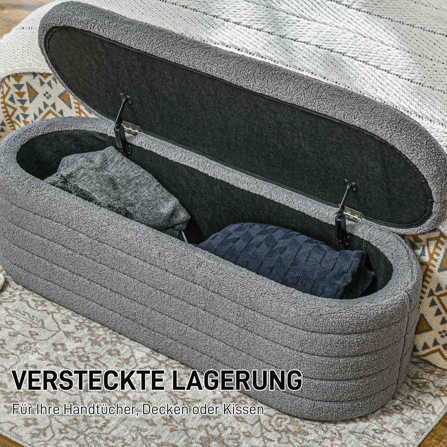 Slaapkamerbank met opbergruimte, houten poten, teddyfleece, lichtgrijs