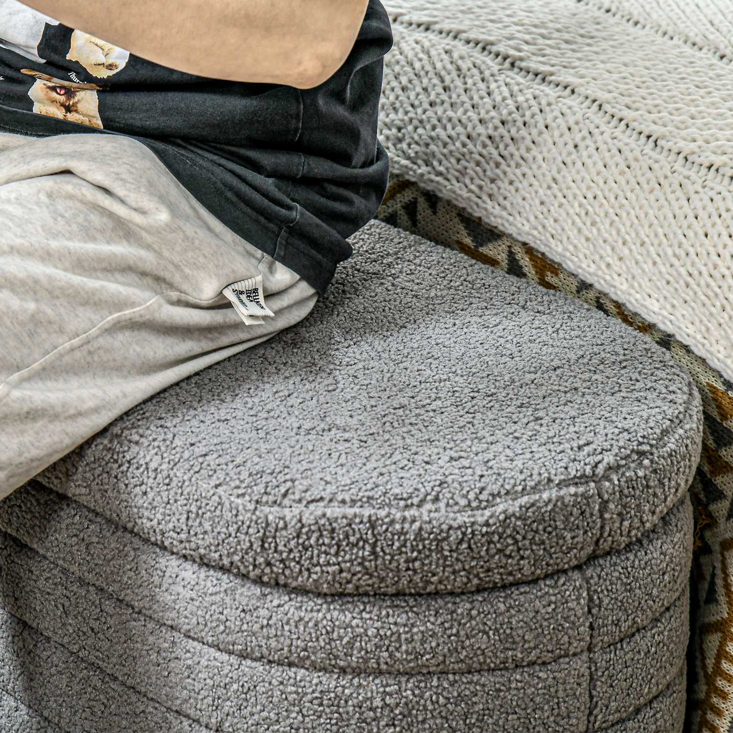 Slaapkamerbank met opbergruimte, houten poten, teddyfleece, lichtgrijs