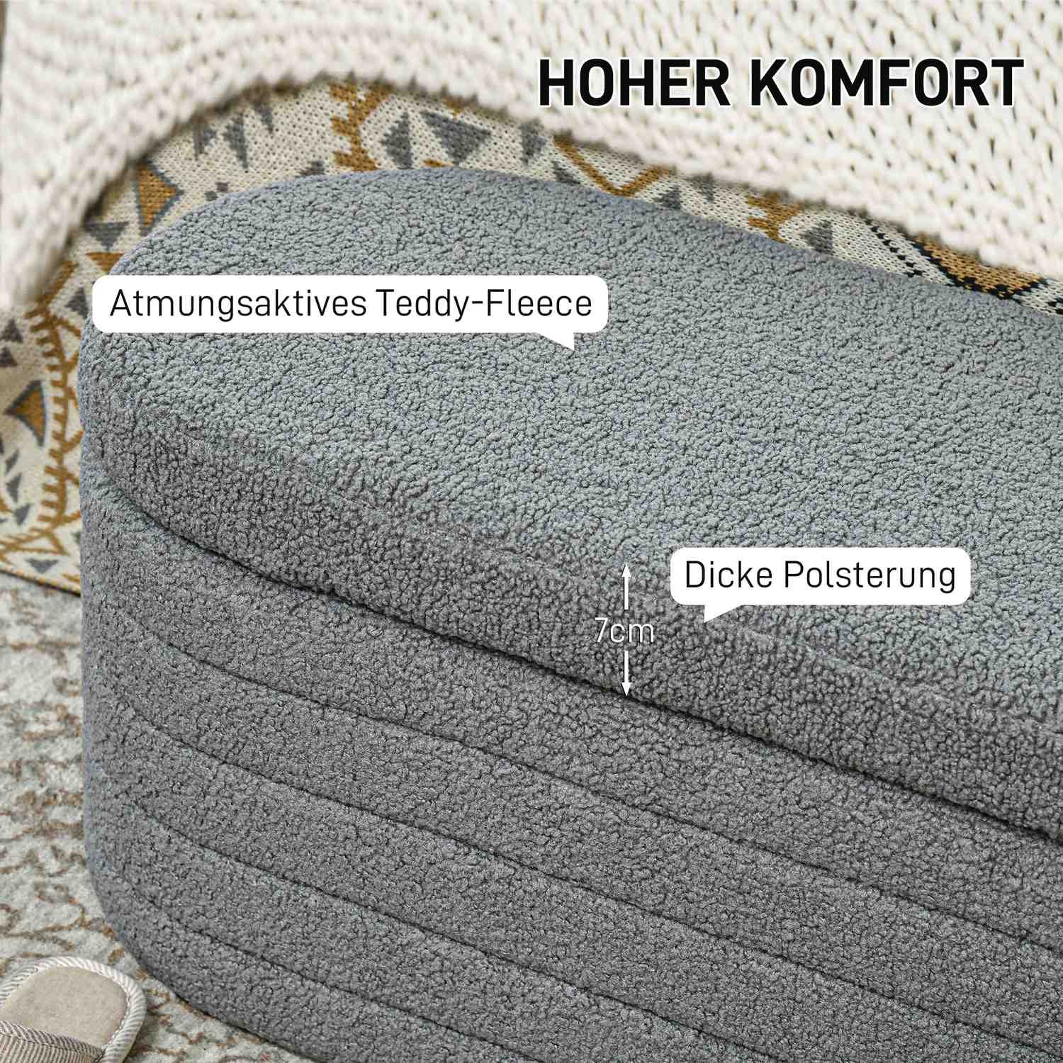 Slaapkamerbank met opbergruimte, houten poten, teddyfleece, lichtgrijs