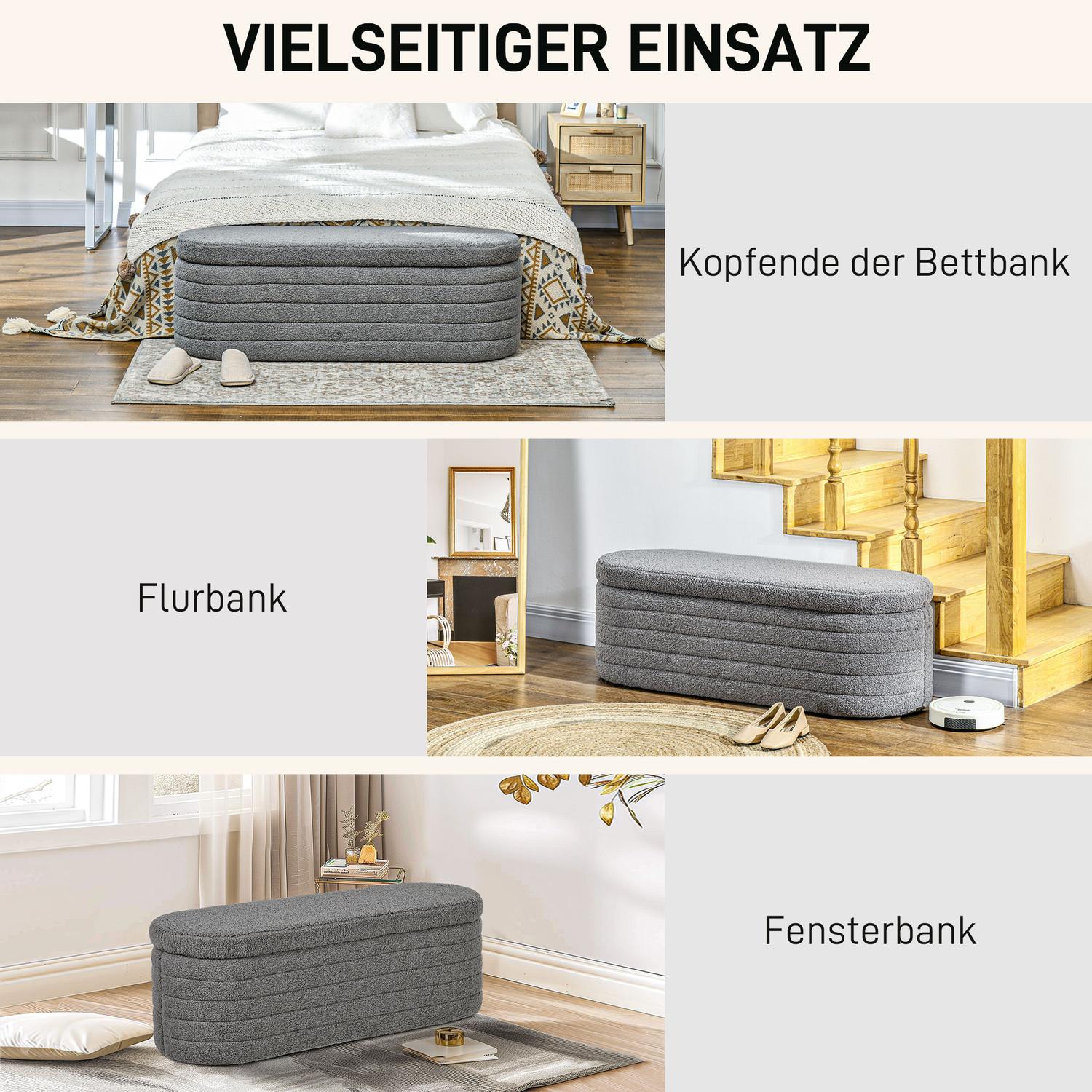 Slaapkamerbank met opbergruimte, houten poten, teddyfleece, lichtgrijs