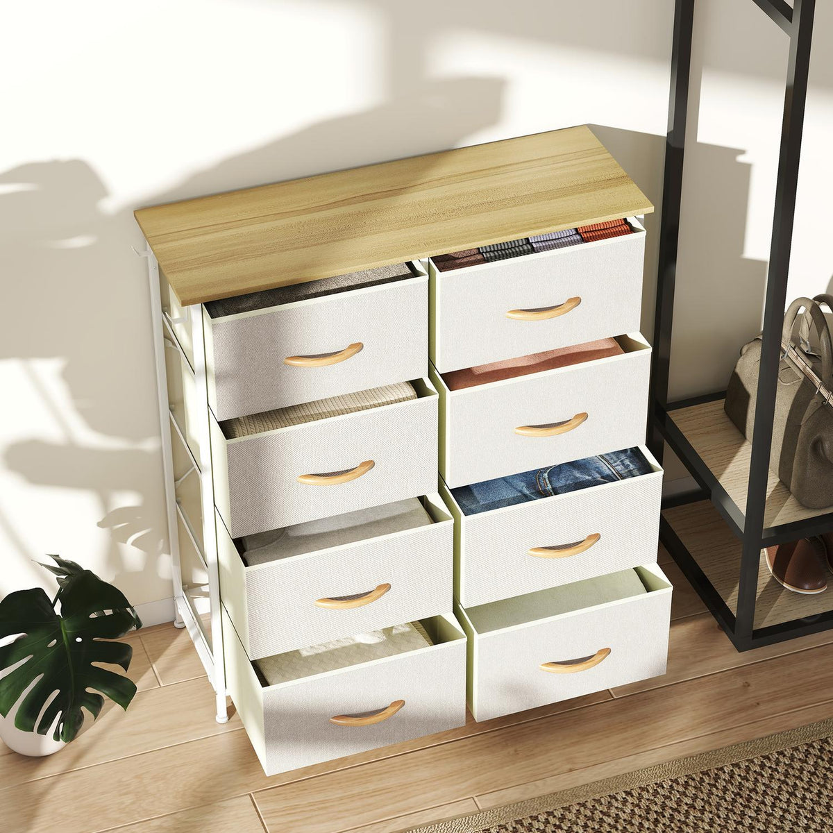 Slaapkamerkast met 8 stoffen laden, stalen frame, beige