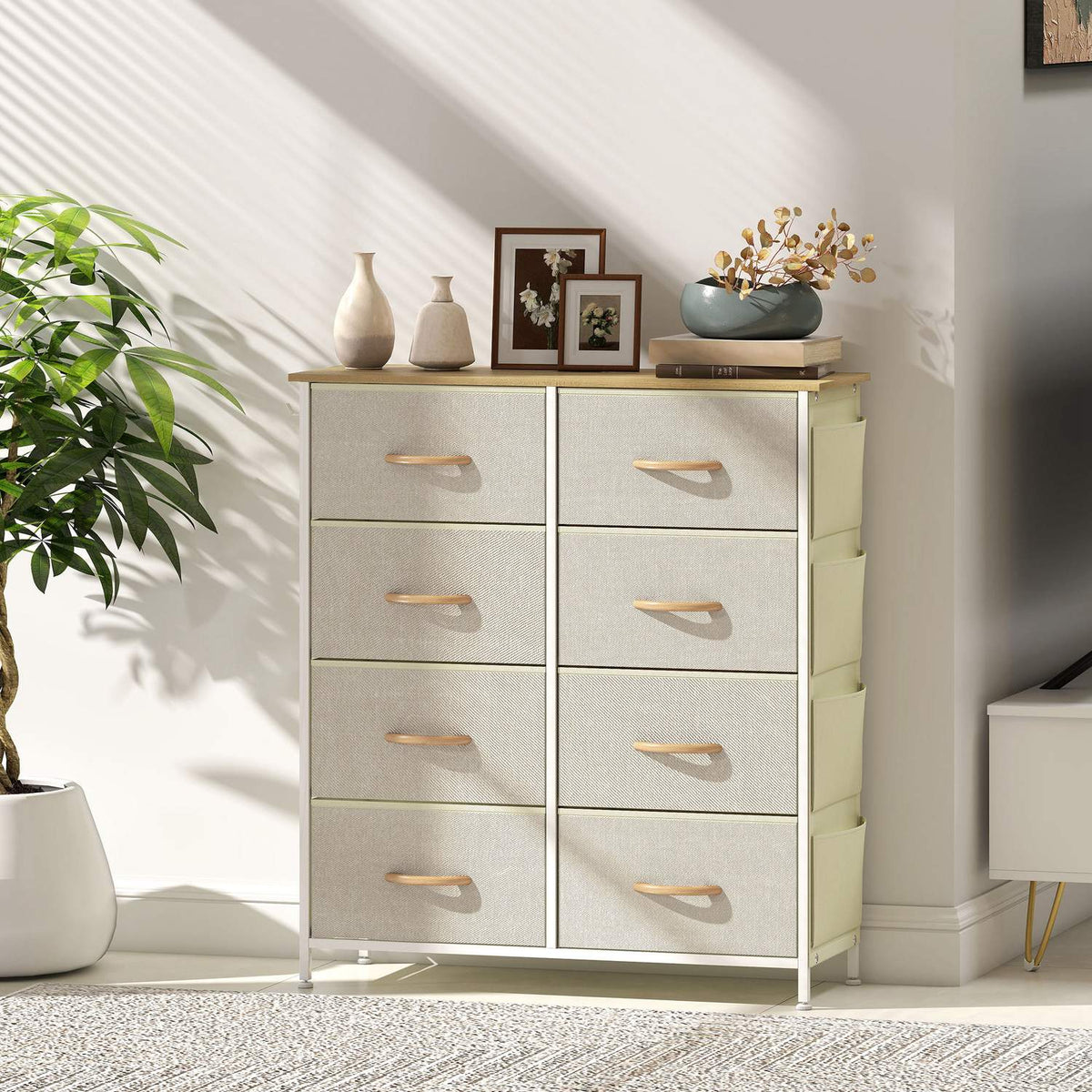Slaapkamerkast met 8 stoffen laden, stalen frame, beige
