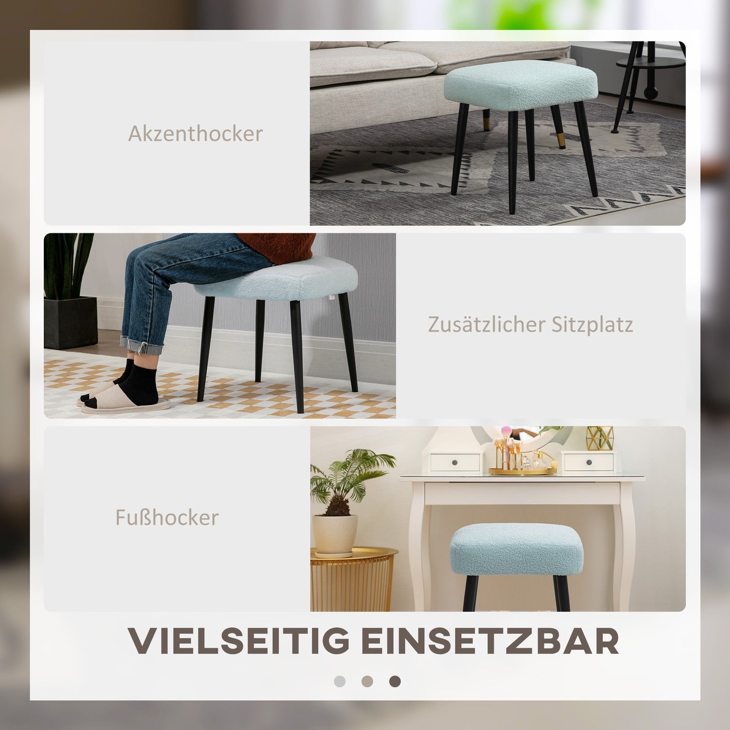 Vierkante cashmirllook poef met stalen poten, lichtblauw