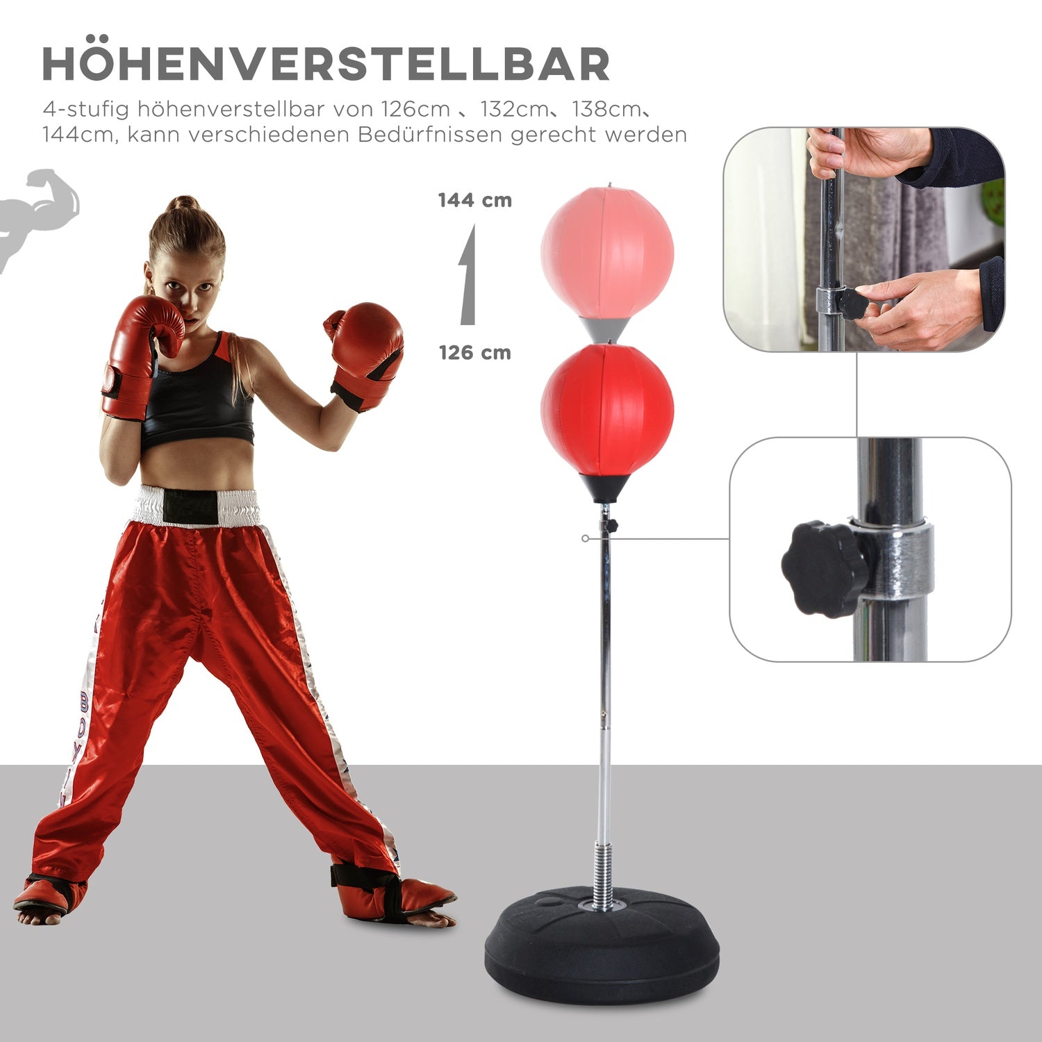 Sacco da boxe con supporto e guanti, altezza regolabile 126-144cm