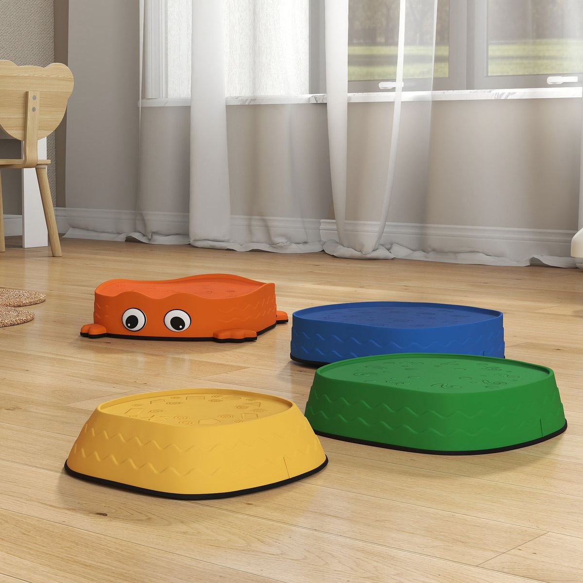 Set met stapelbare, kikker-vormige, kleurrijke stapstenen
