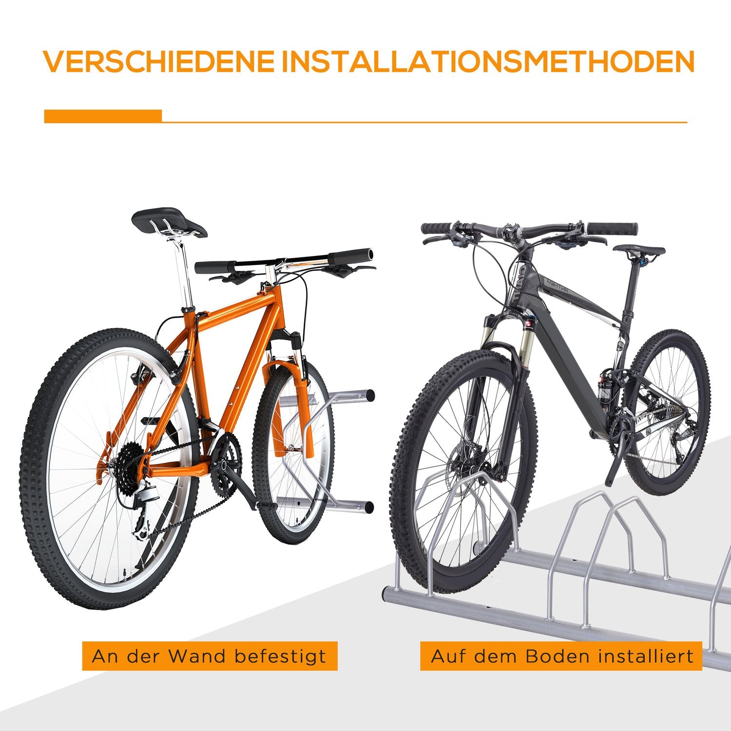 Stalen rek voor 4 fietsen, vloer- en muurbevestiging, zilverkleurige afwerking