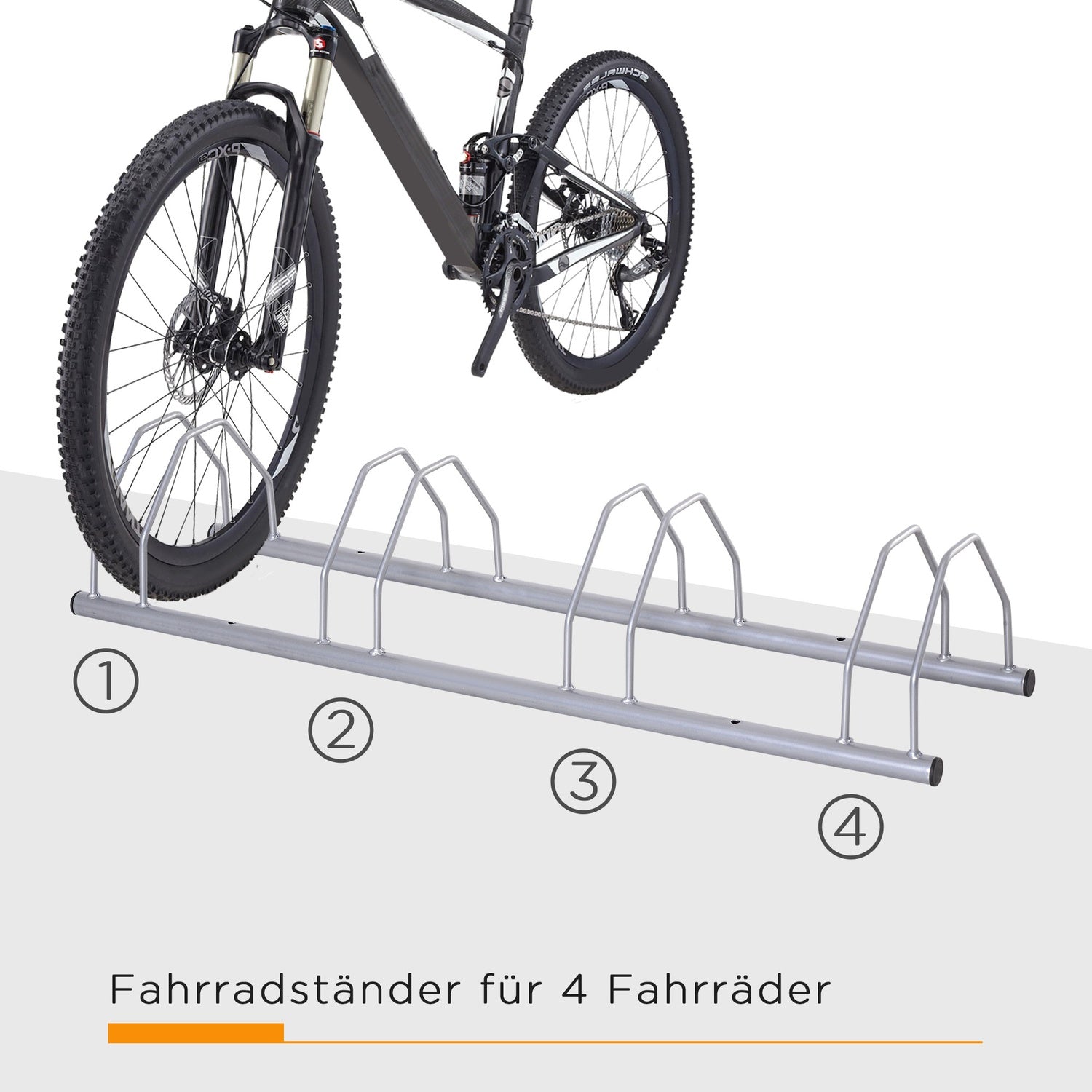 Stalen rek voor 4 fietsen, vloer- en muurbevestiging, zilverkleurige afwerking
