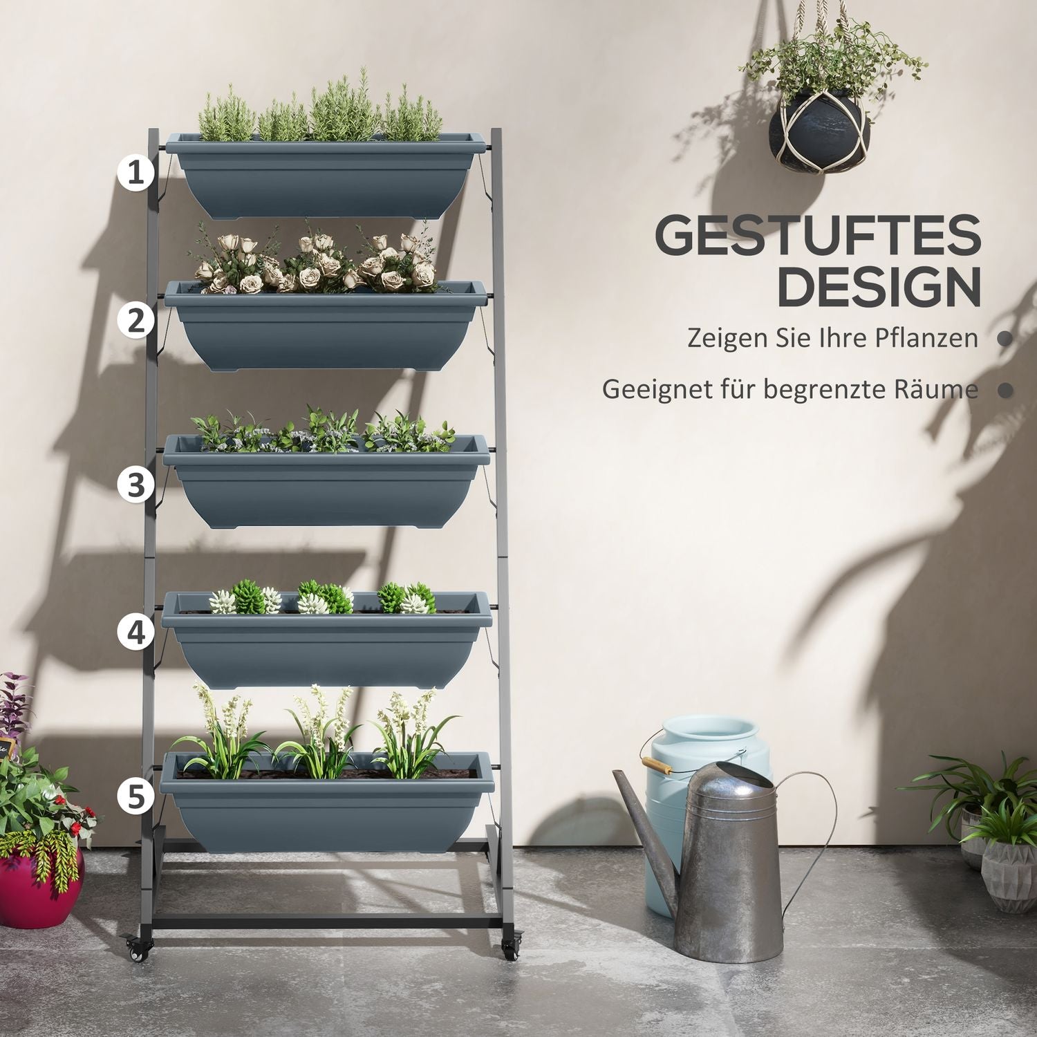 Étagère en acier à roulettes – 5 étages, finition grise