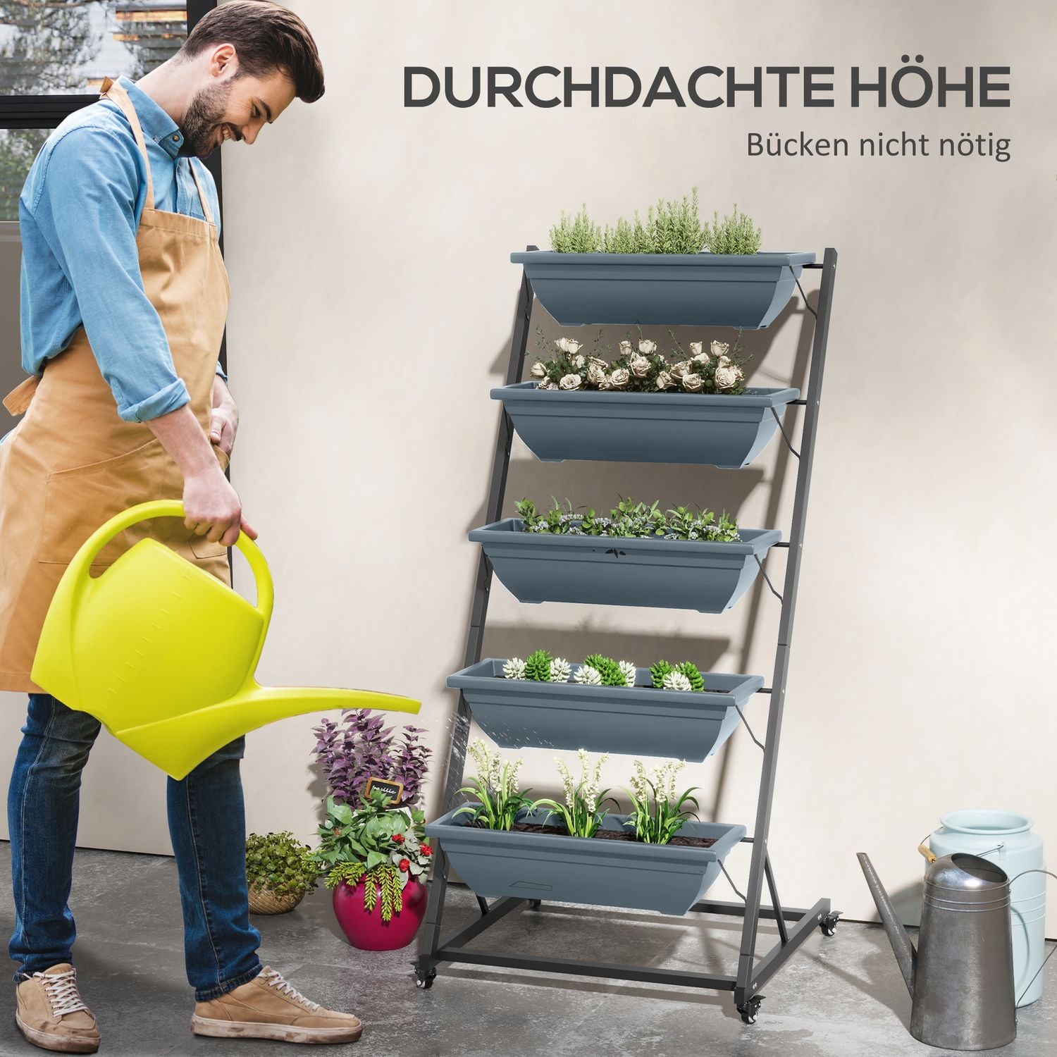 Étagère en acier à roulettes – 5 étages, finition grise