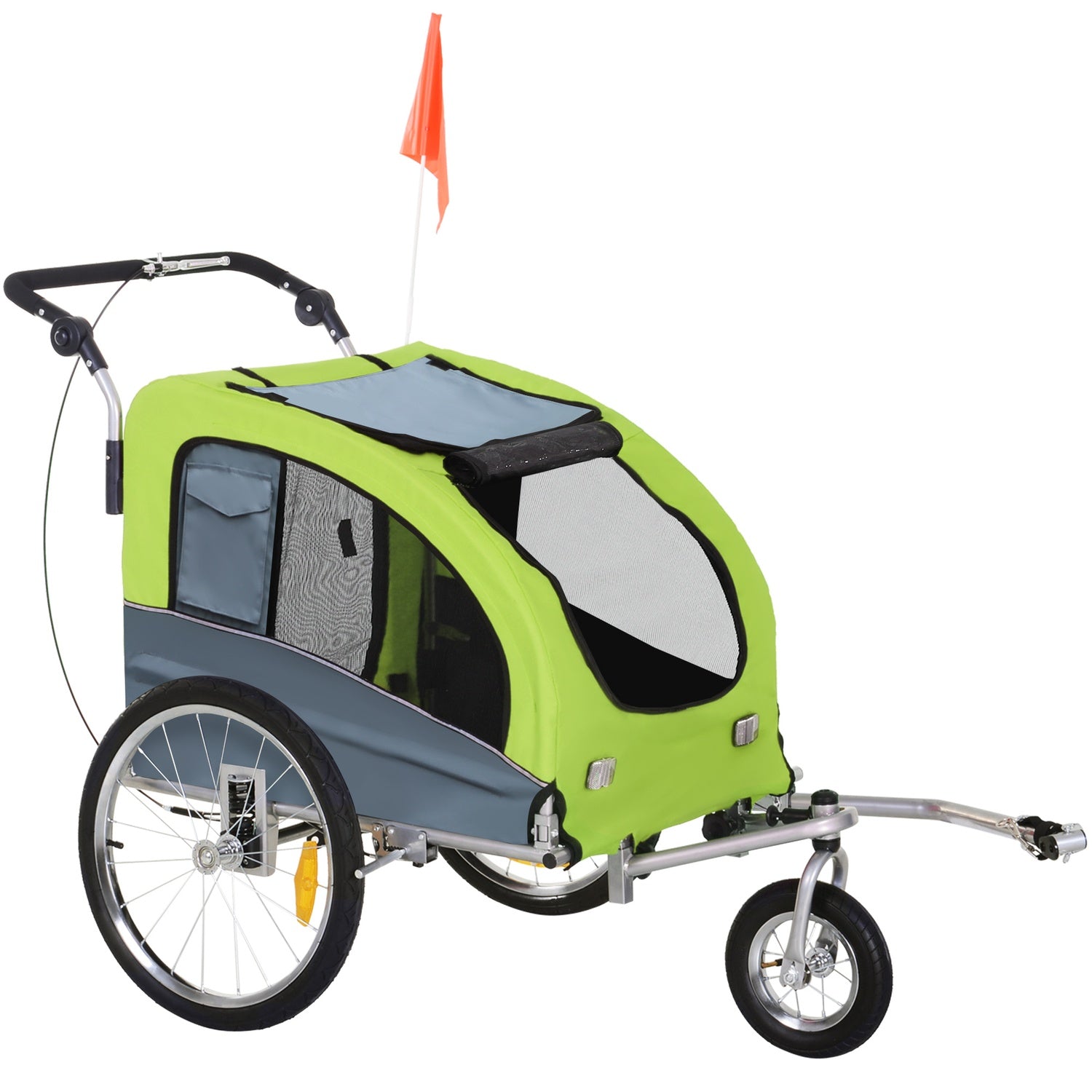 Grote hondenkar jogger, stabiele fietsaanhanger, groen/grijs