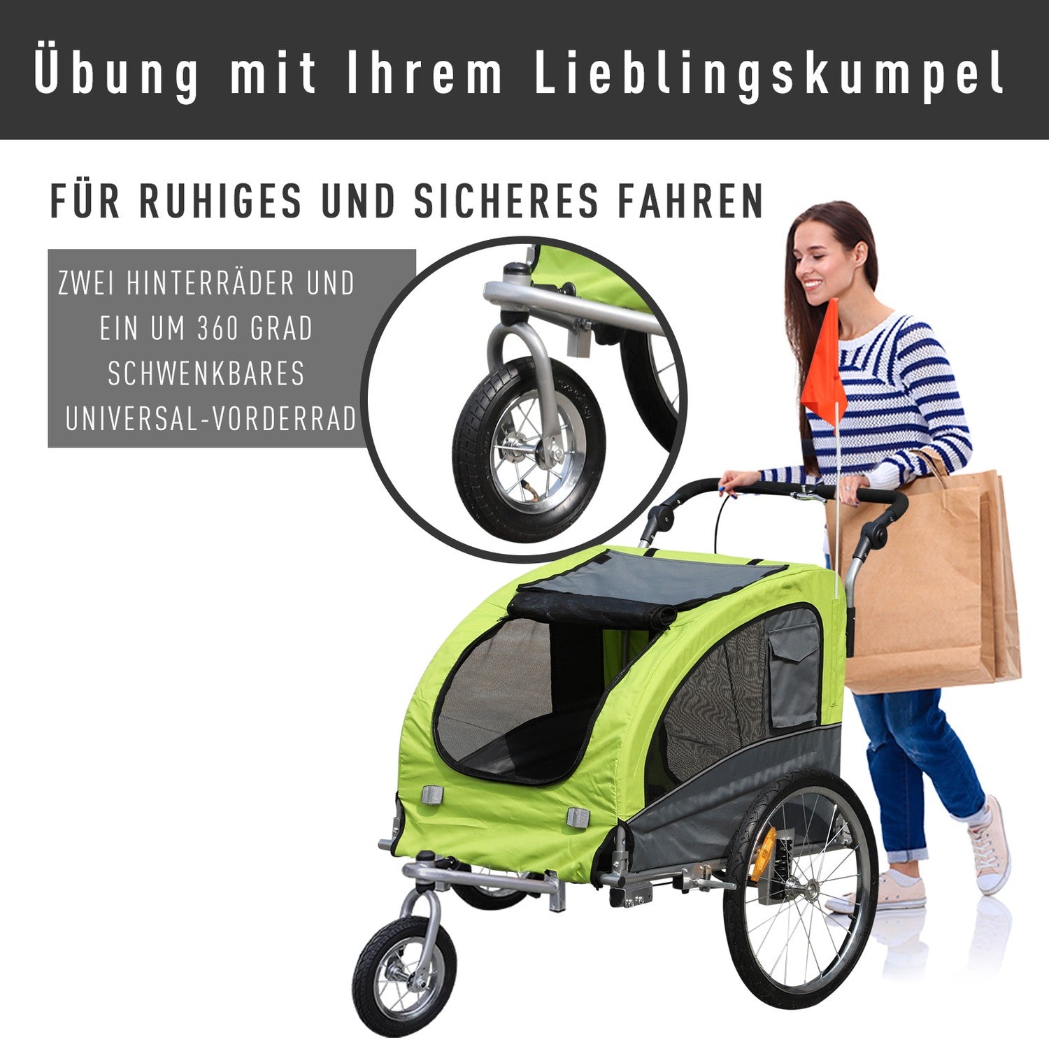 Grote hondenkar jogger, stabiele fietsaanhanger, groen/grijs