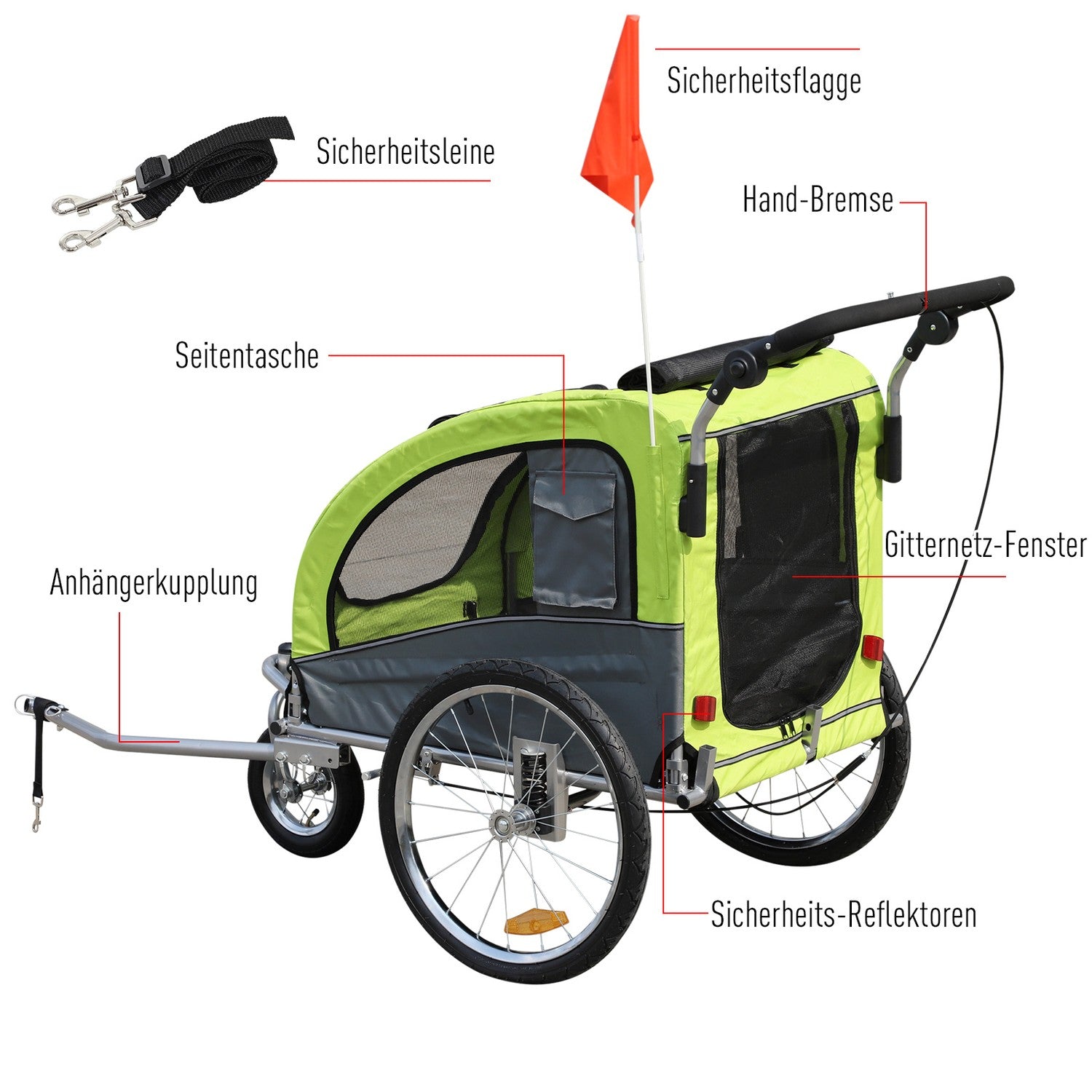 Grote hondenkar jogger, stabiele fietsaanhanger, groen/grijs