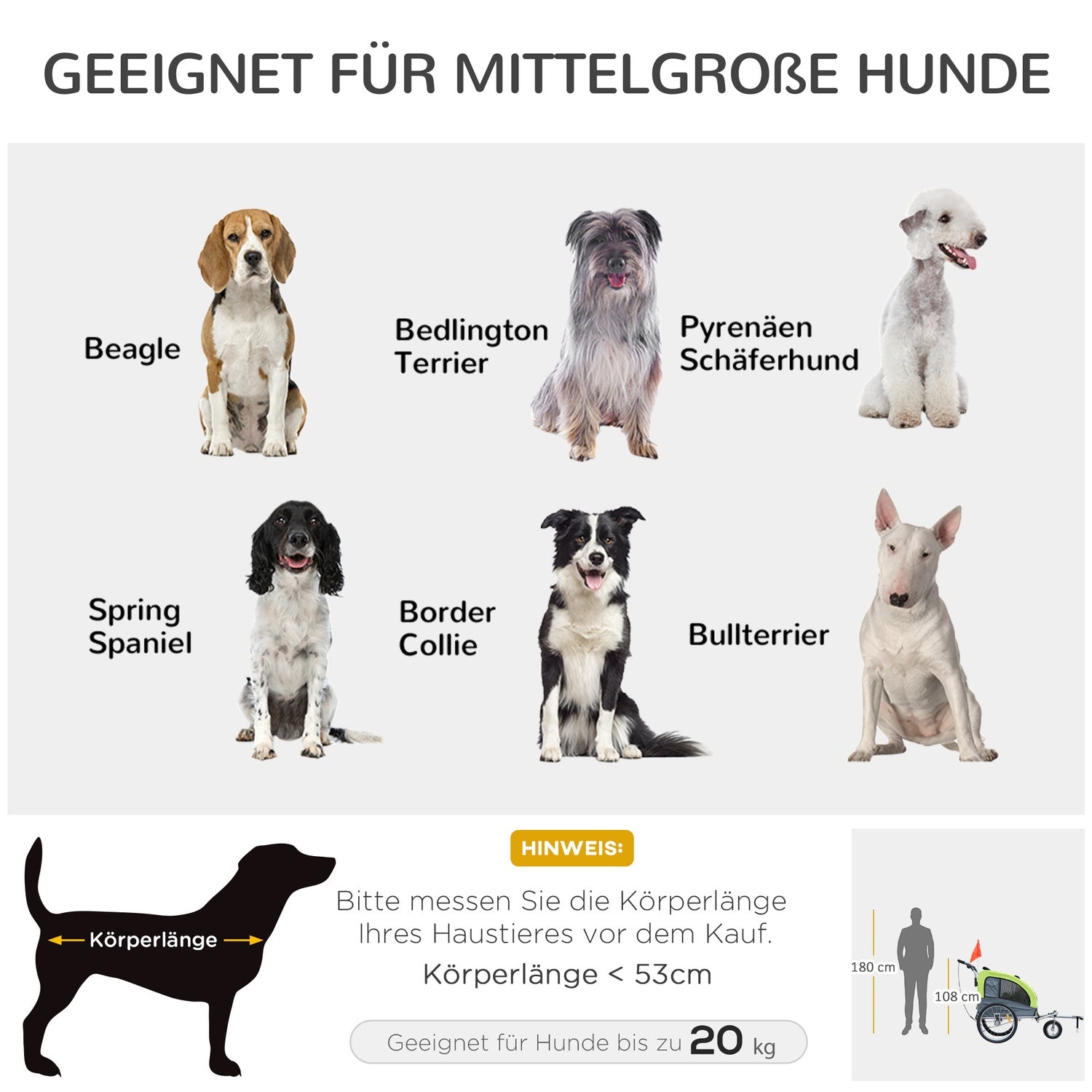 Grote hondenkar jogger, stabiele fietsaanhanger, groen/grijs