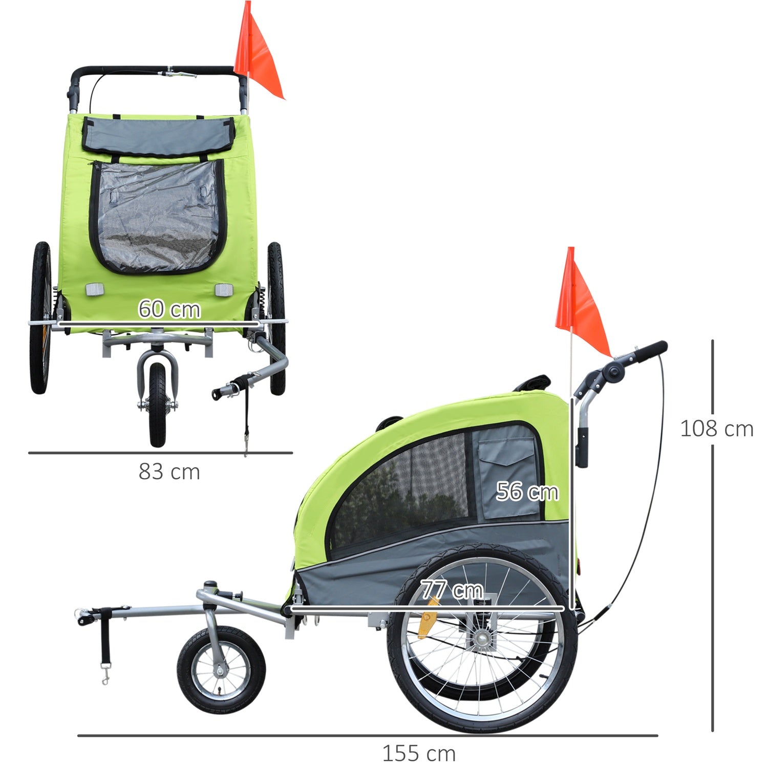 Grote hondenkar jogger, stabiele fietsaanhanger, groen/grijs