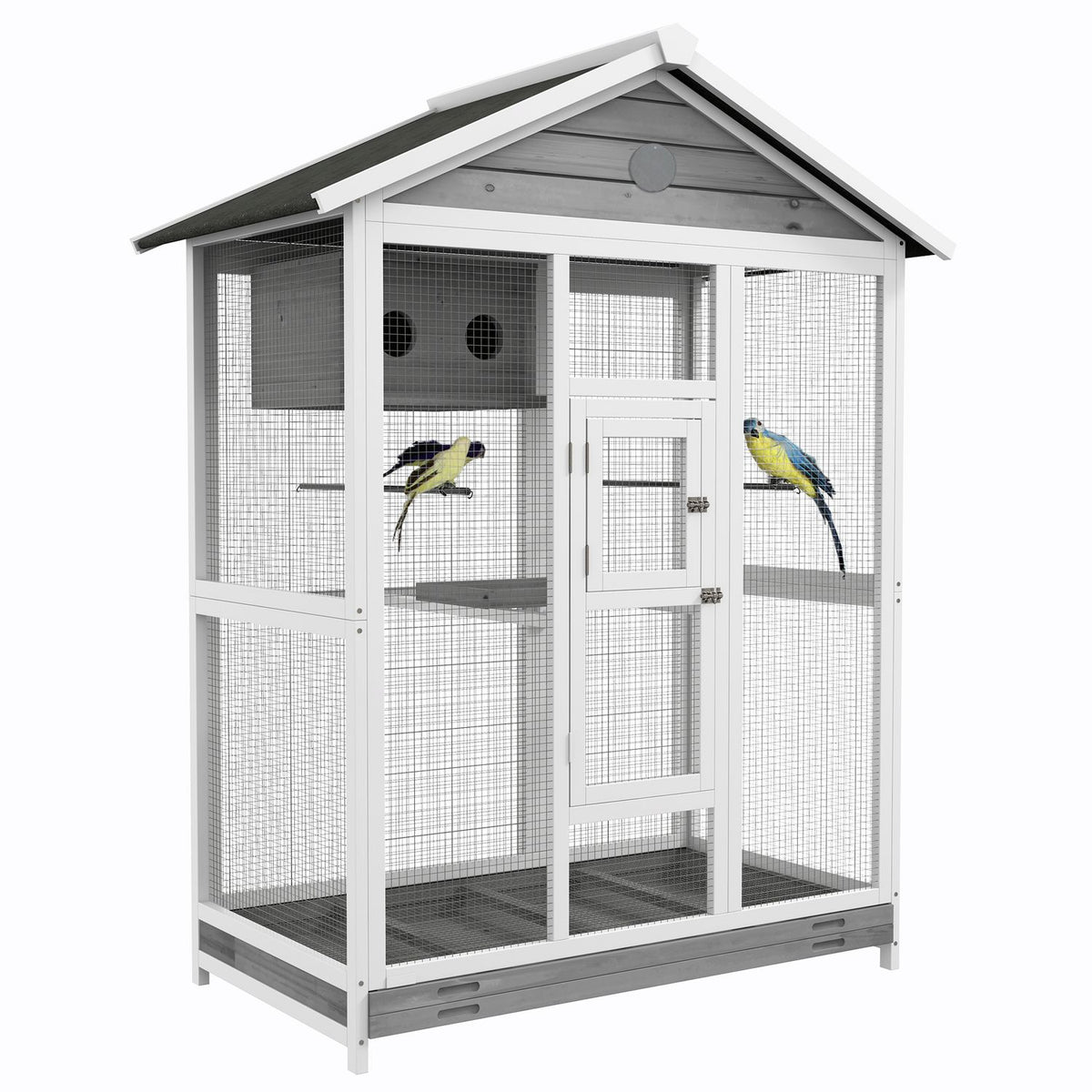 Grote vogelkooi met zitstokken en uittrekbare lade, vurenhout