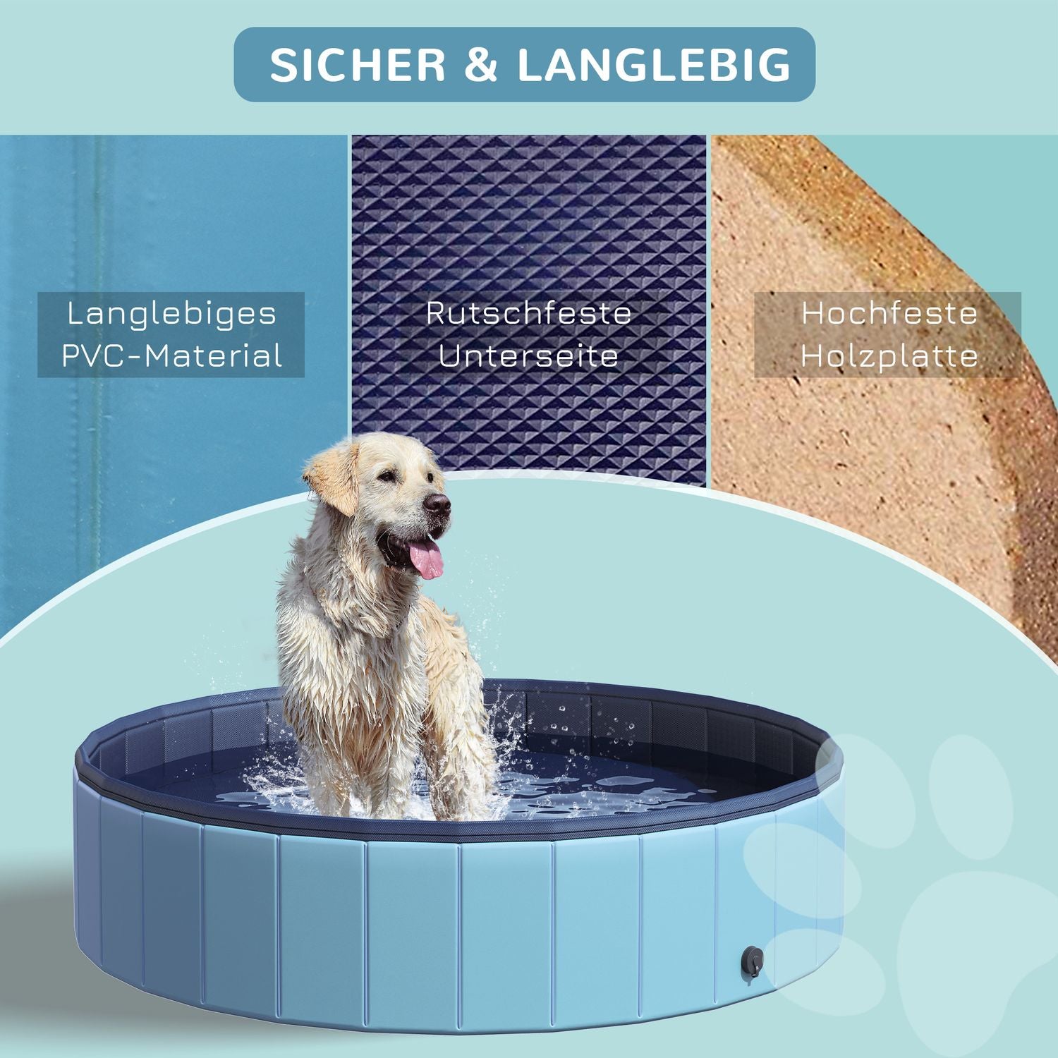 Groot hondenbad – PVC & hout, 140x30 cm, blauw