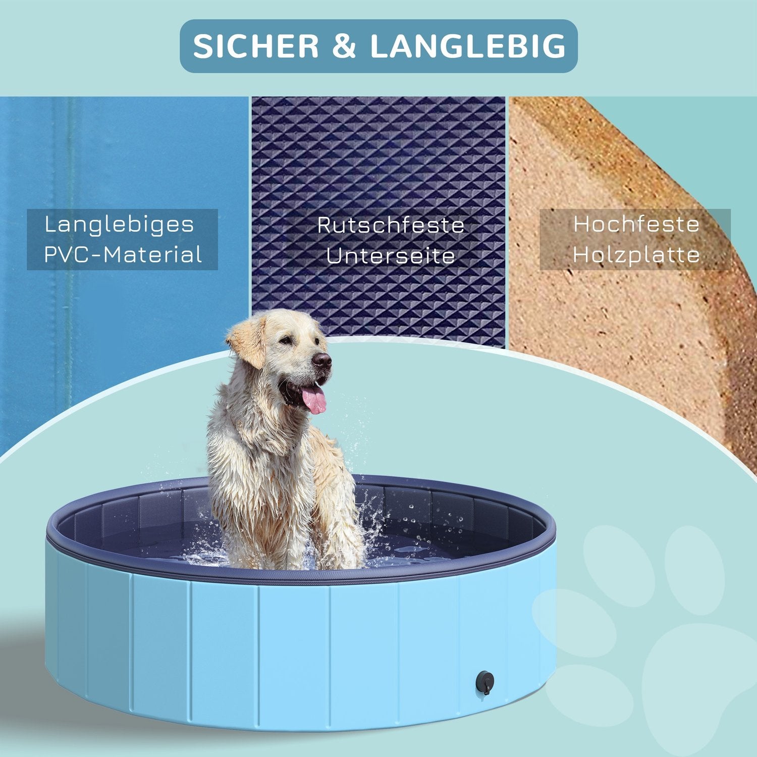 Groot hondenbad, robuust PVC/hout, 120x30 cm – Zomerverkoeling