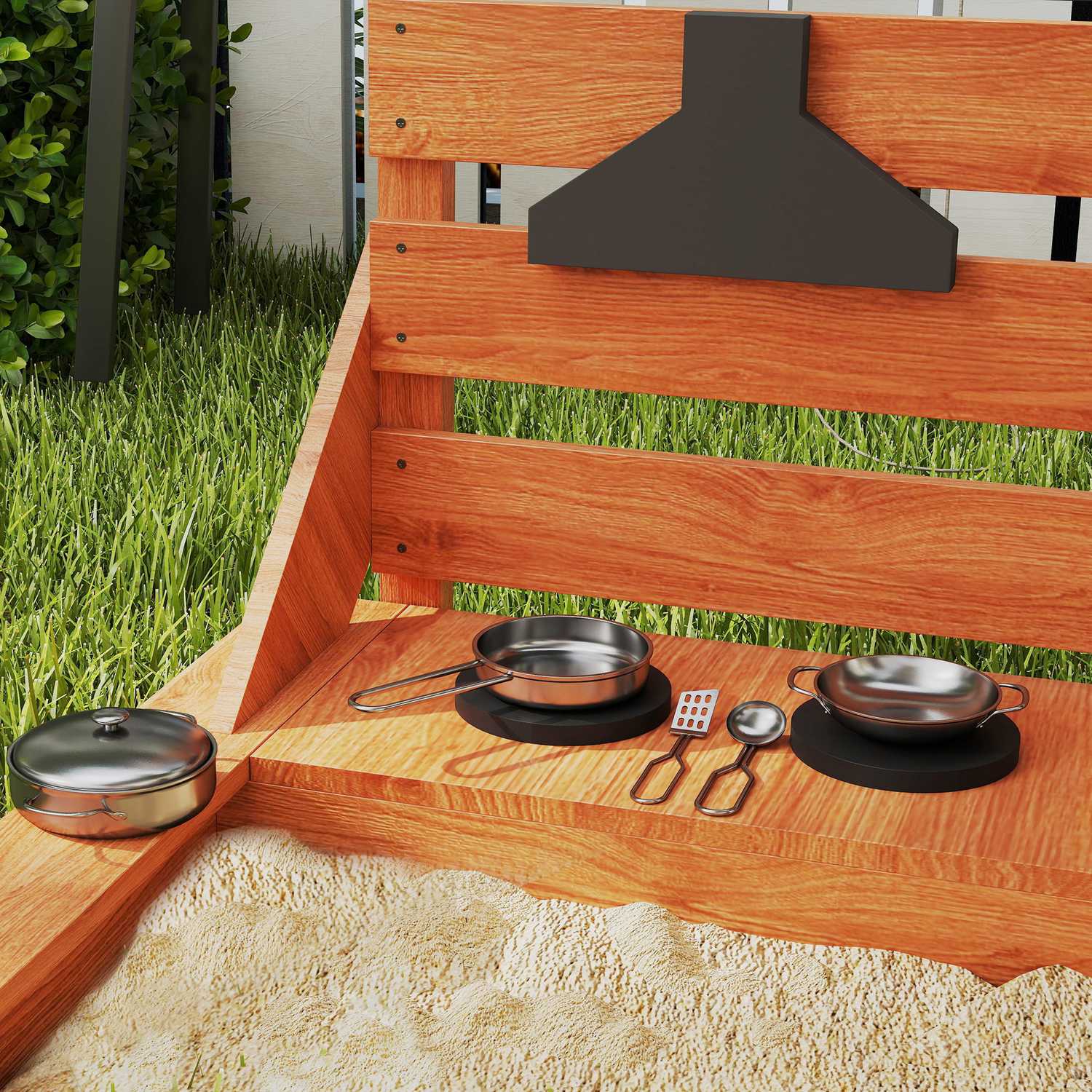 Grosser Sandkasten aus Holz mit Deckel und Spielküche
