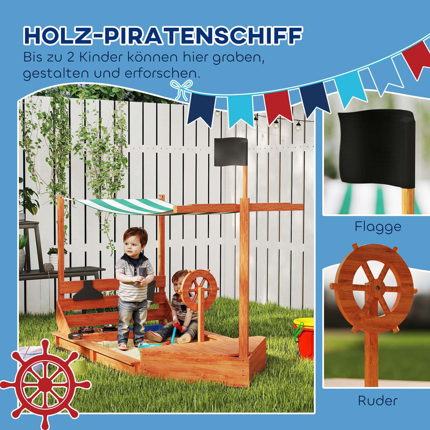 Grosser Sandkasten aus Holz mit Deckel und Spielküche