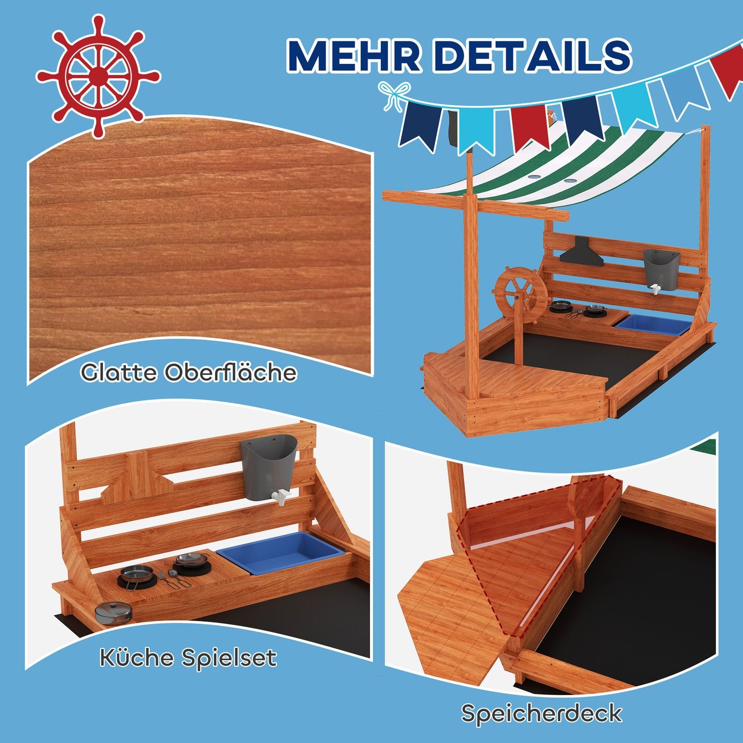 Grosser Sandkasten aus Holz mit Deckel und Spielküche