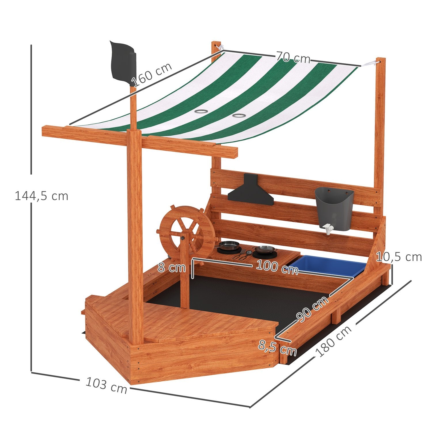 Grosser Sandkasten aus Holz mit Deckel und Spielküche