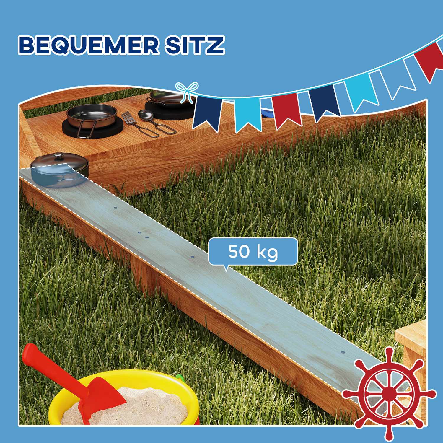 Grosser Sandkasten aus Holz mit Deckel und Spielküche