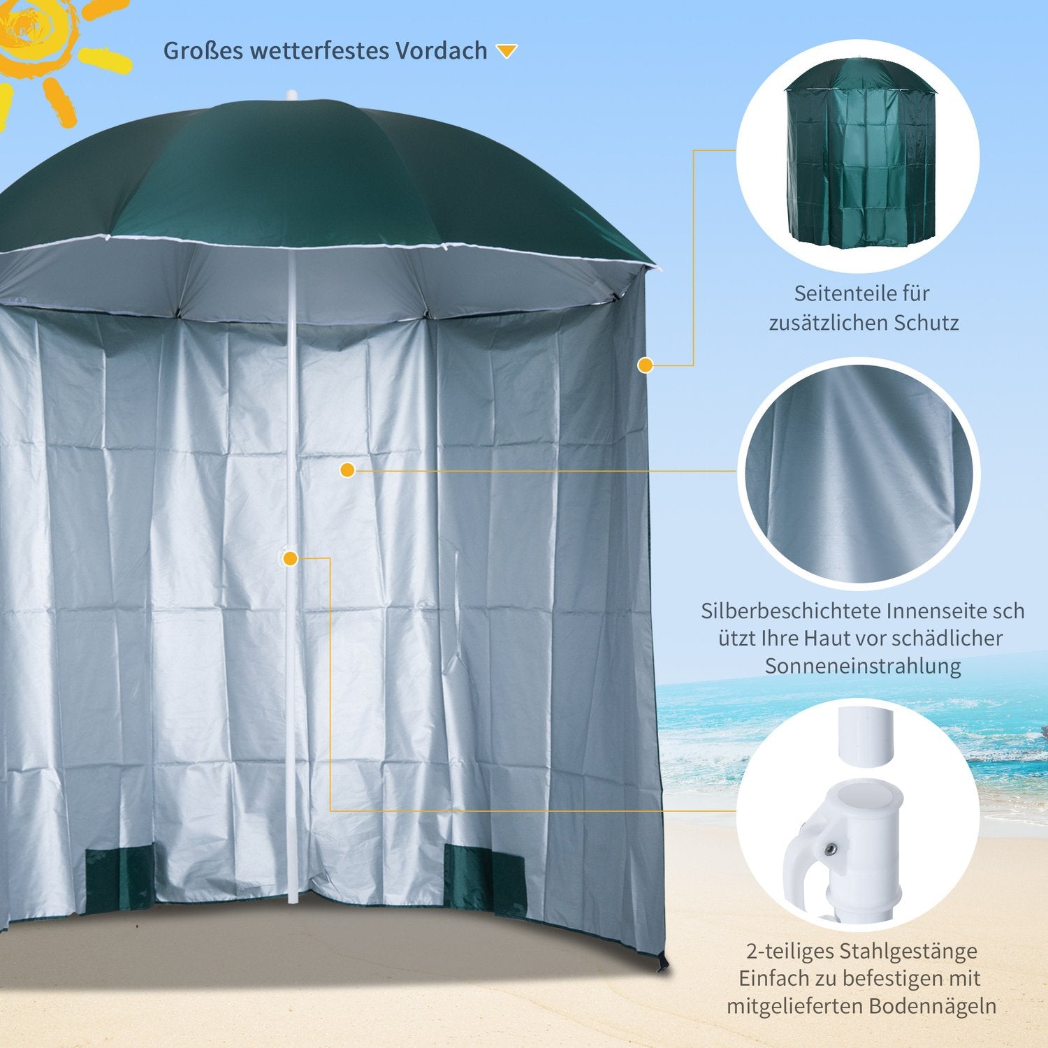 Strandparasol zijwand, donkergroen polyester, 2,2m