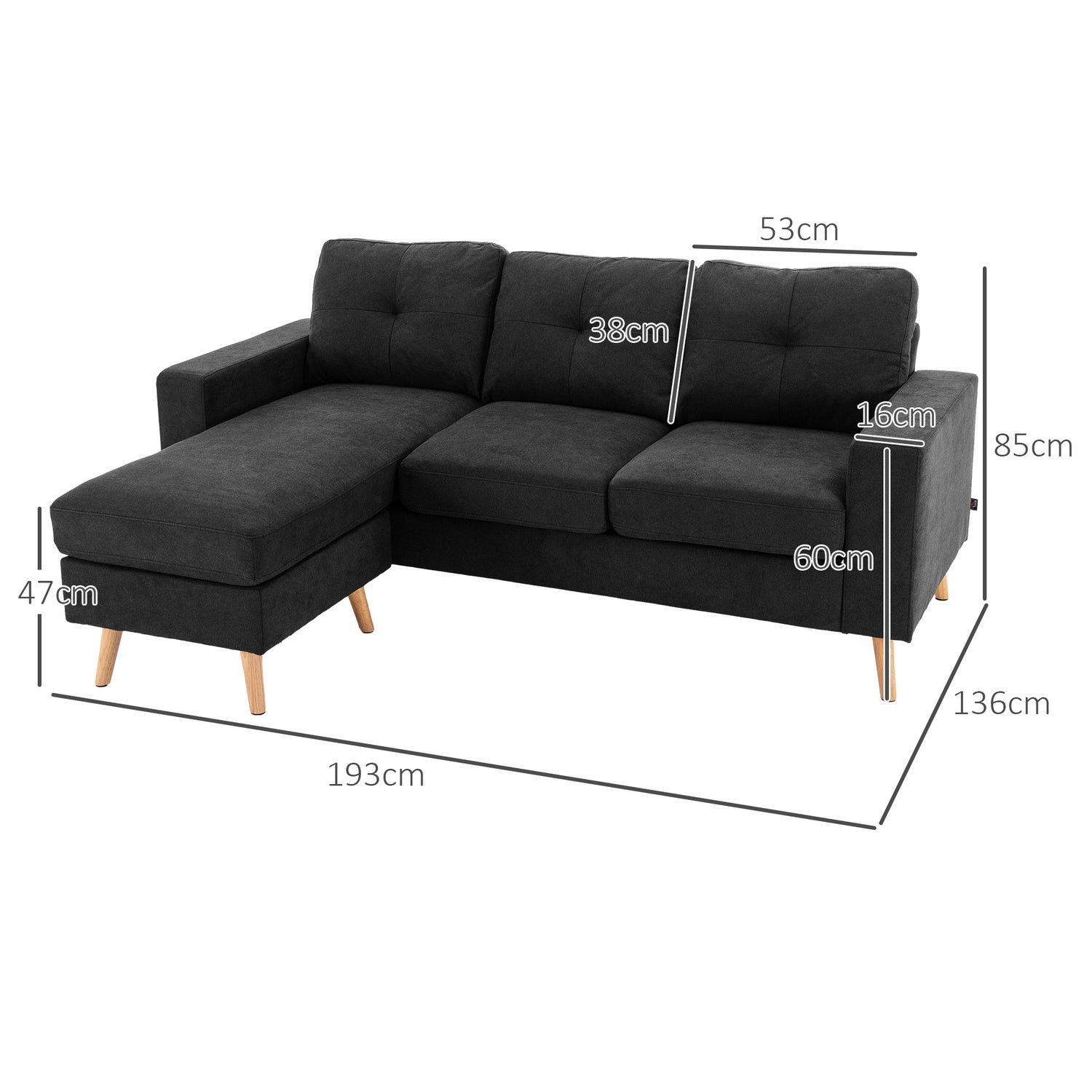 Zwarte L-vormige linnen bank, hoekbank met chaise longue voor 3 personen