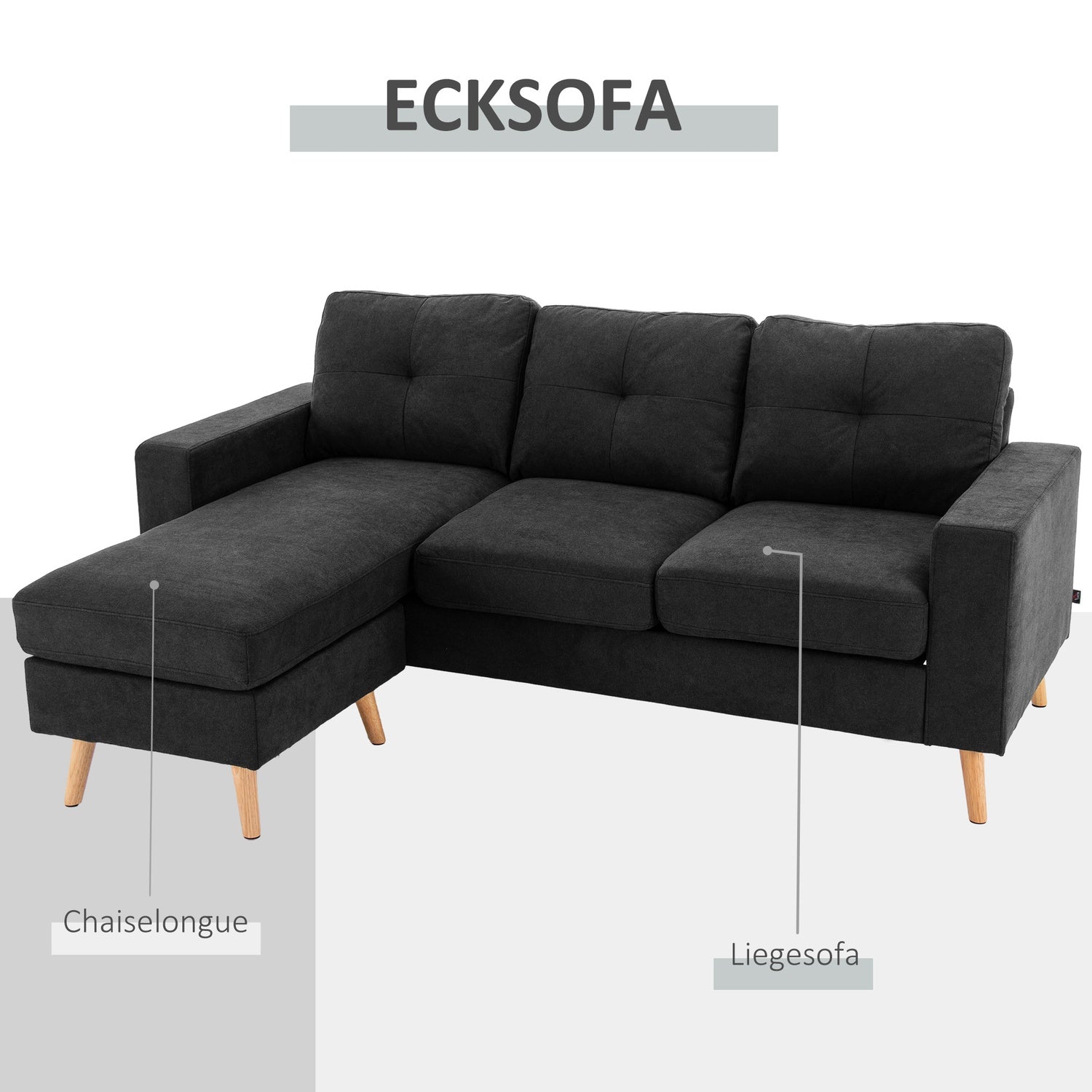 Zwarte L-vormige linnen bank, hoekbank met chaise longue voor 3 personen