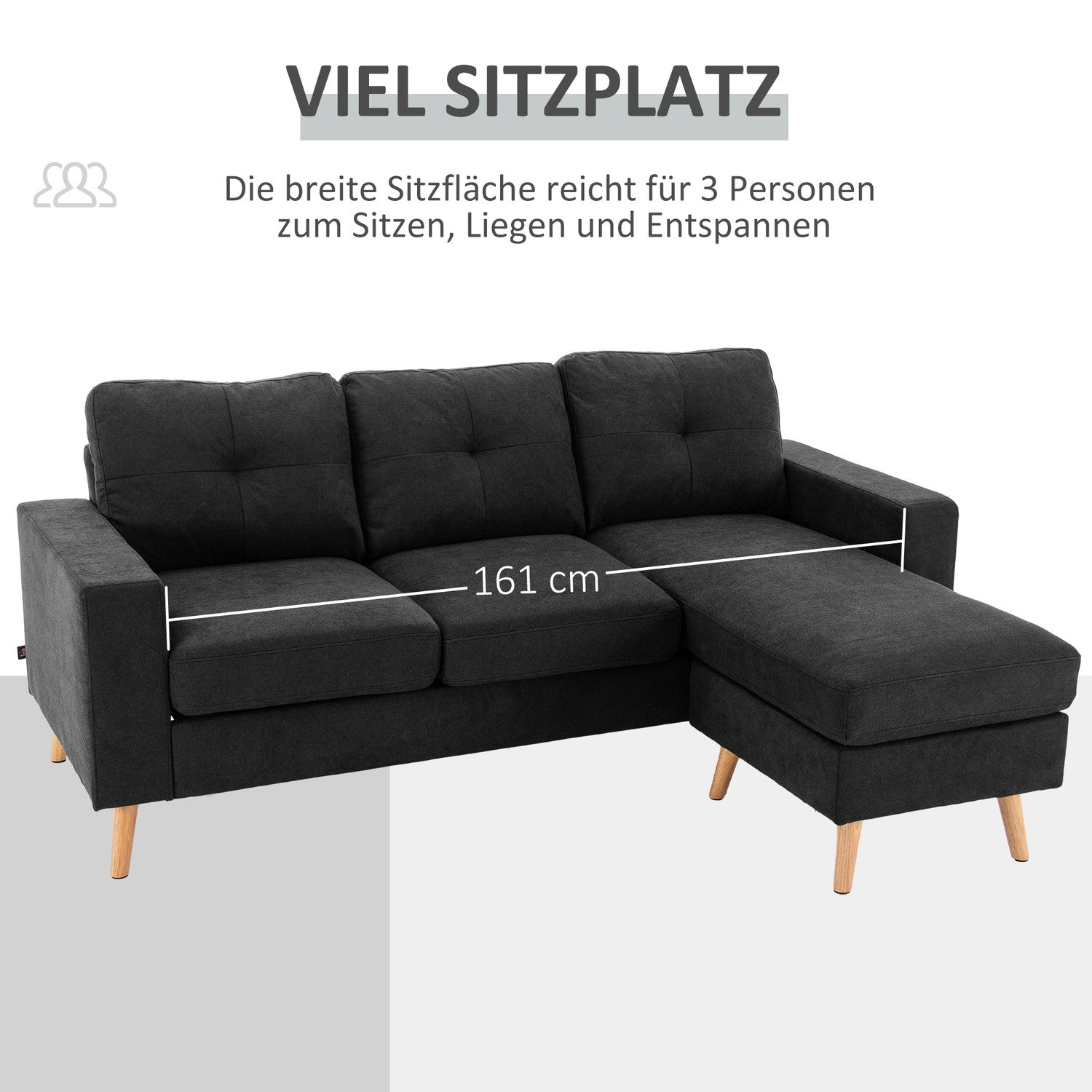 Zwarte L-vormige linnen bank, hoekbank met chaise longue voor 3 personen