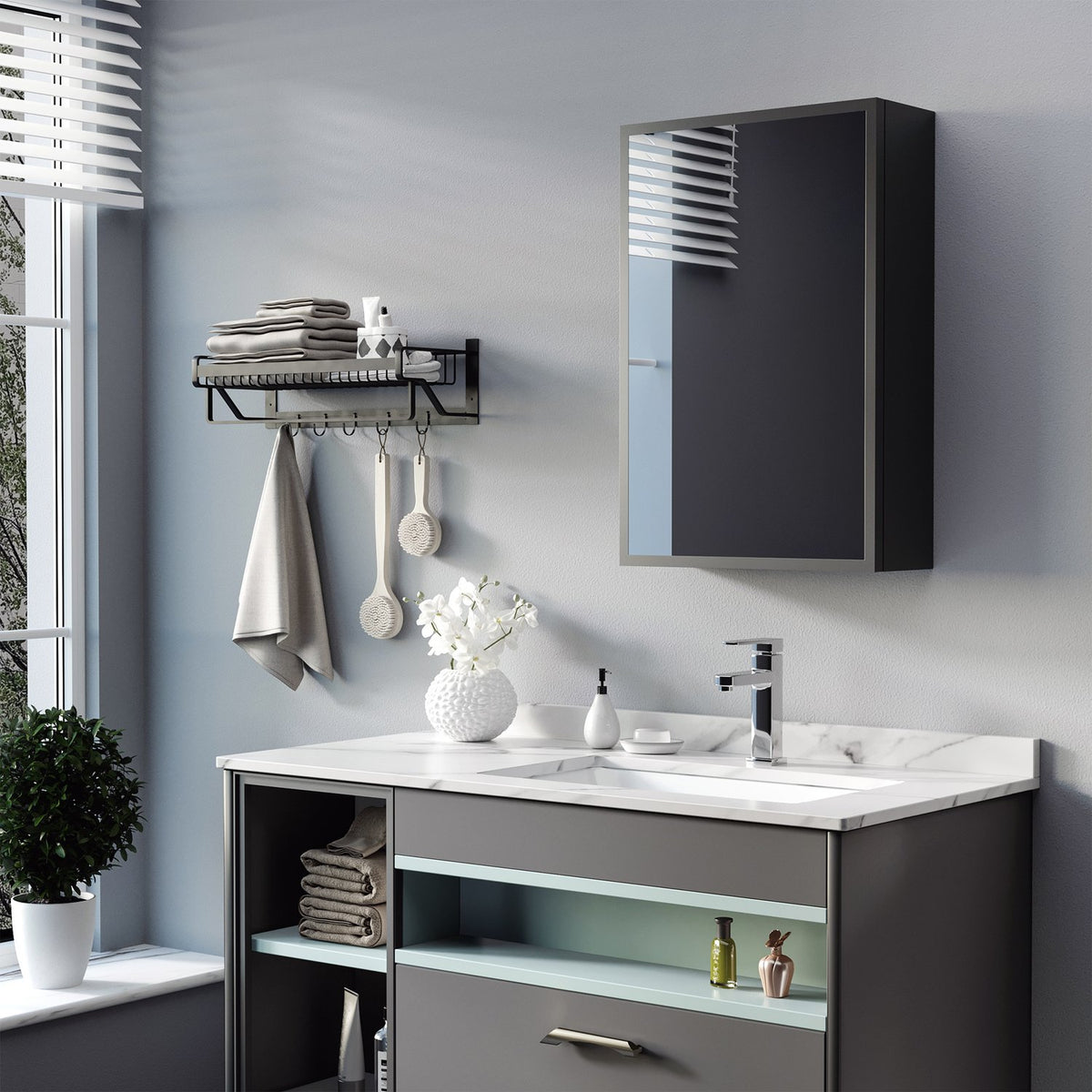 Zwarte Wandkast met spiegel & 3 planken voor badkamer