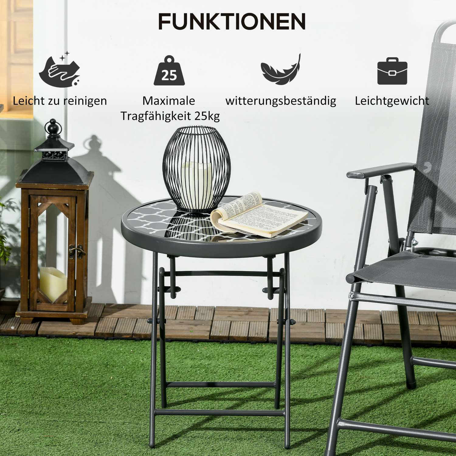 Zwart glazen klapbaar bijzettafeltje – 45x45x50 cm Camping