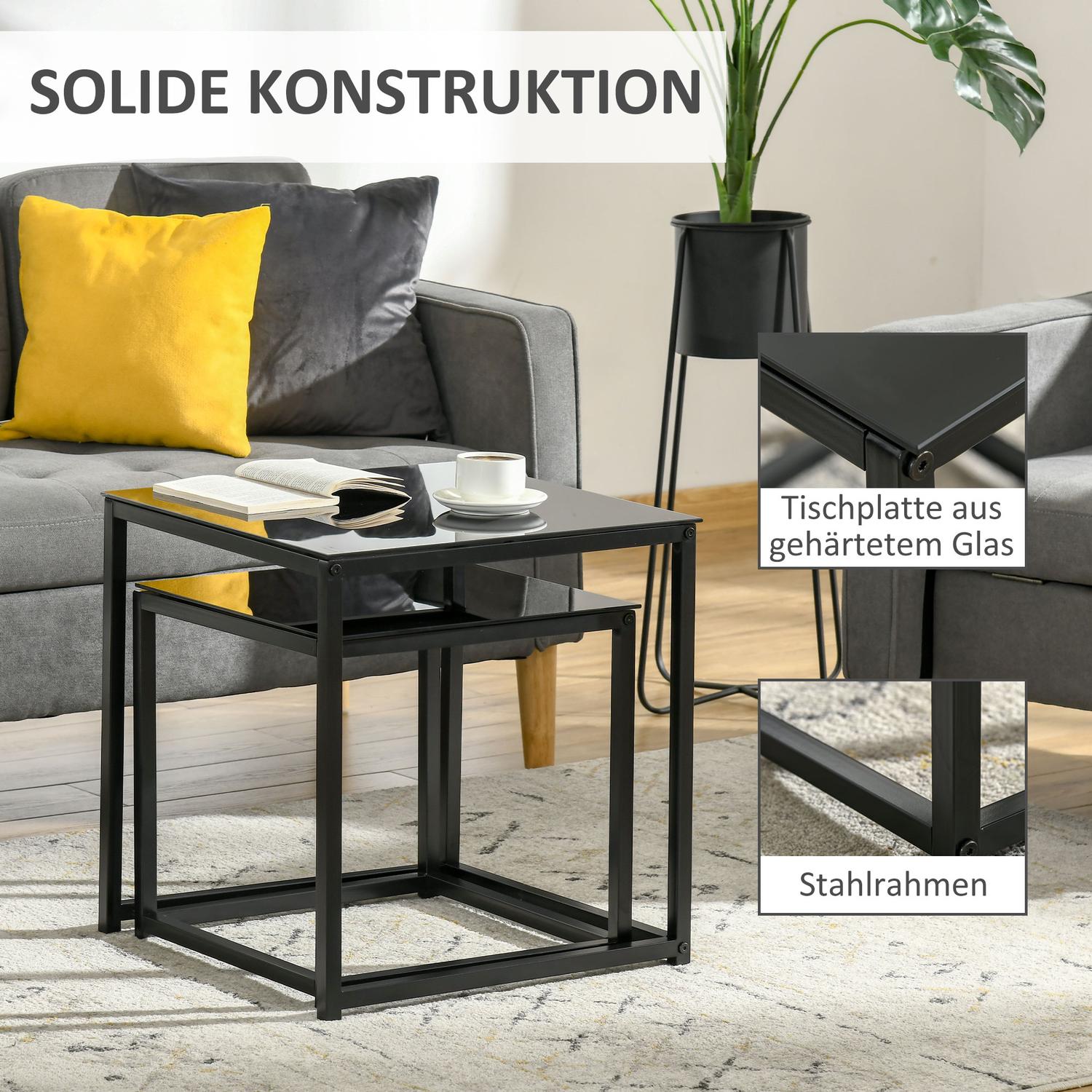 Ensemble de tables basses gigognes noir – plateau en verre, cadre en acier