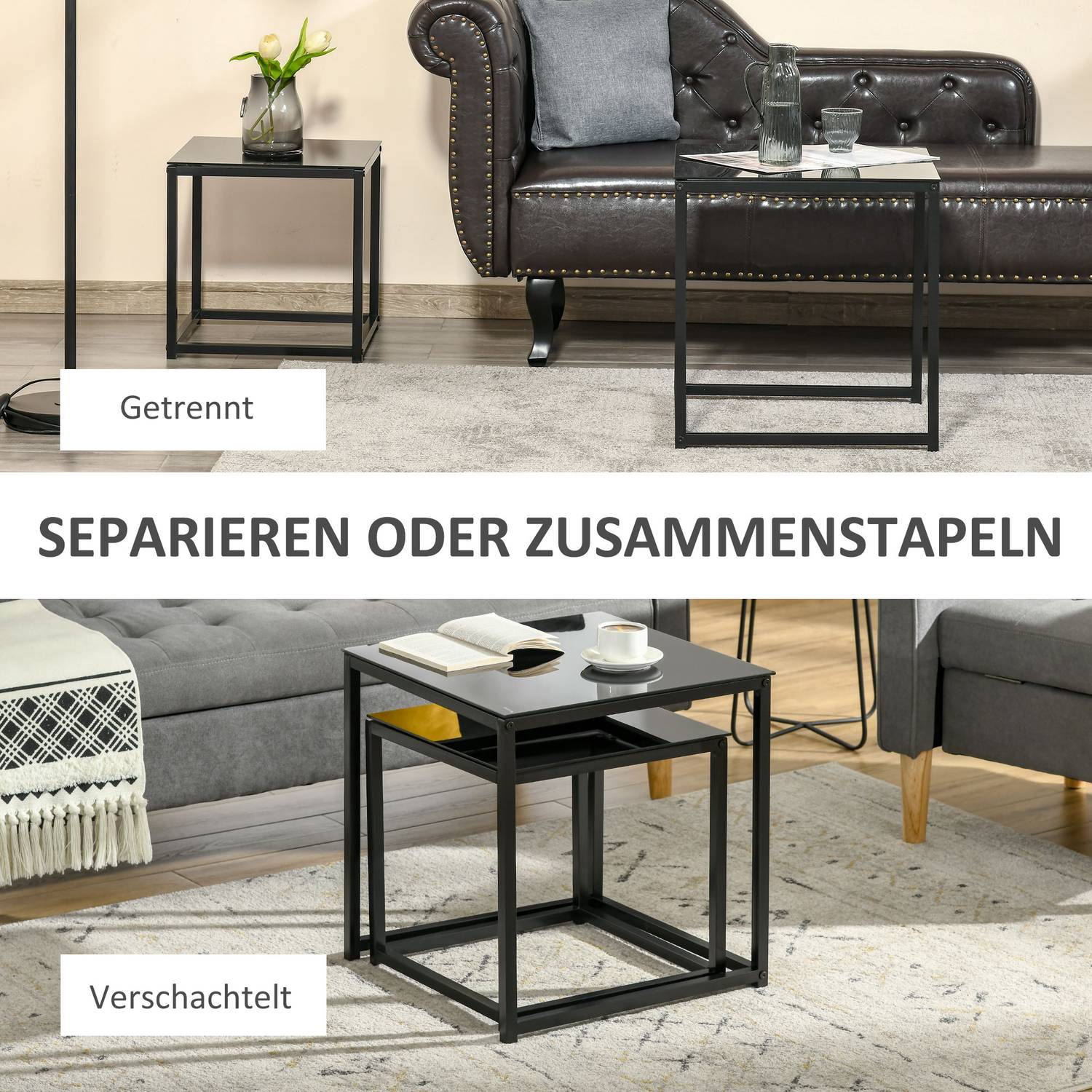 Ensemble de tables basses gigognes noir – plateau en verre, cadre en acier